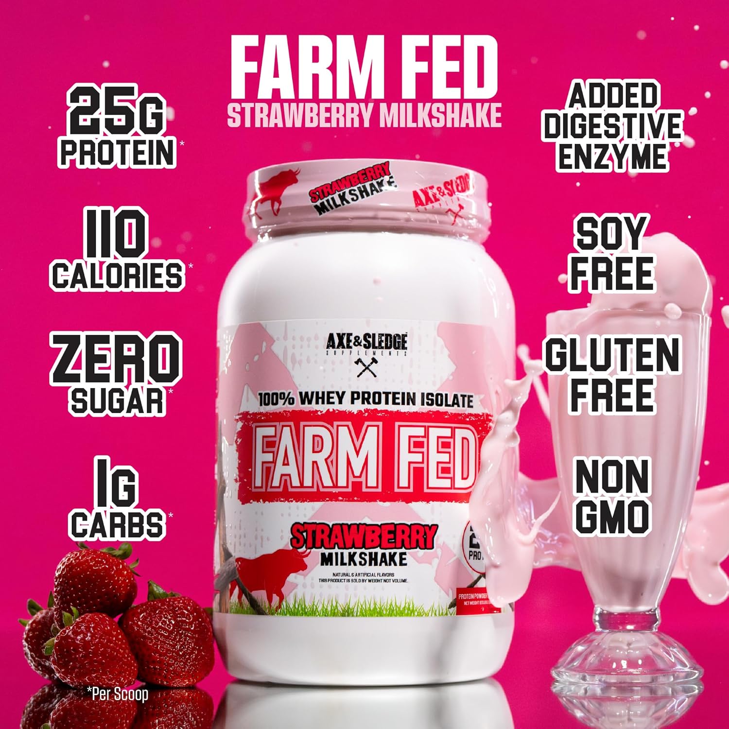Axe & Sledge Farm Fed 100% Whey Protein Isolate | 25g Protein | Low Carb, Low Sugar, Gluten Free | Protein Powder for Men and Women | Keto | Made in the USA | 28 Servings, Strawberry Milkshake image 3