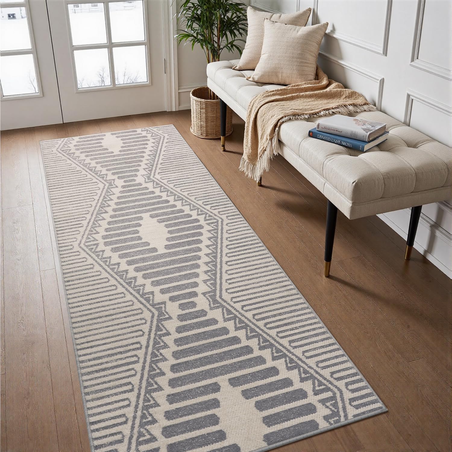 Tapis de couloir bohème gris 0,6 x 1,8 m lavable pour entrée