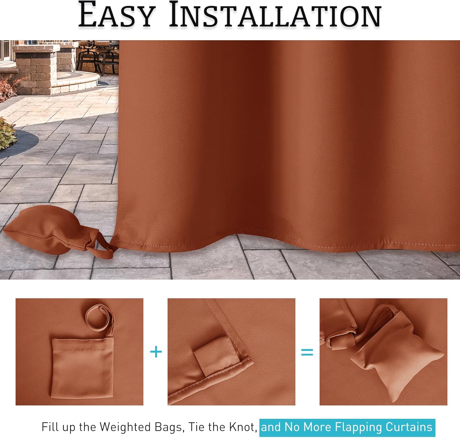 RYB HOME Outdoor Curtains Windproof - Waterproof Blackout Curtain with Weight Bag, Privacy Insulated Drapes for Patio Screen Porch Pergola Terrace Living Relax Area, W 52" x L 72", 2 Pcs, Terracotta