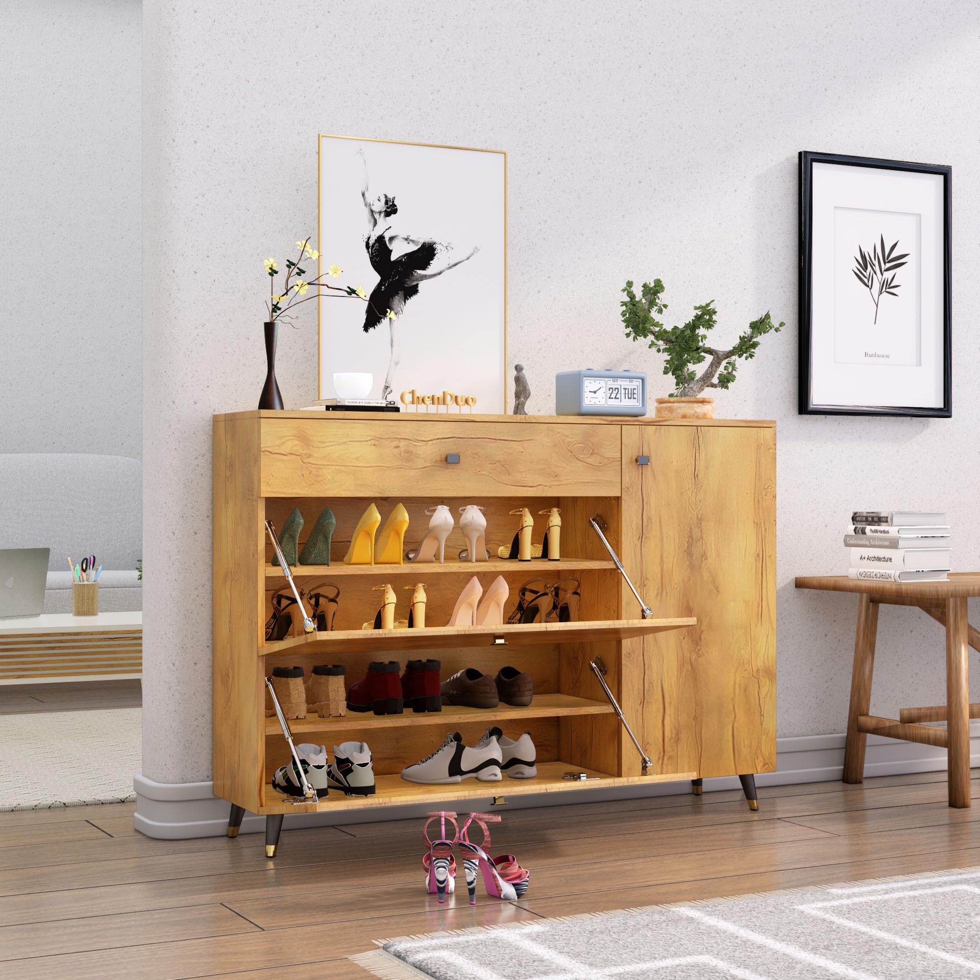 Bniture Shoe Rack Wooden with 2 Shelf & Drawer | Engineered Wood Shoe Cabinet with Door | Moisture & Termite Resistant Shoe Cabinet with Seating | Wooden Cabinet for Home | Giant Wood, 42 Inch-image-17