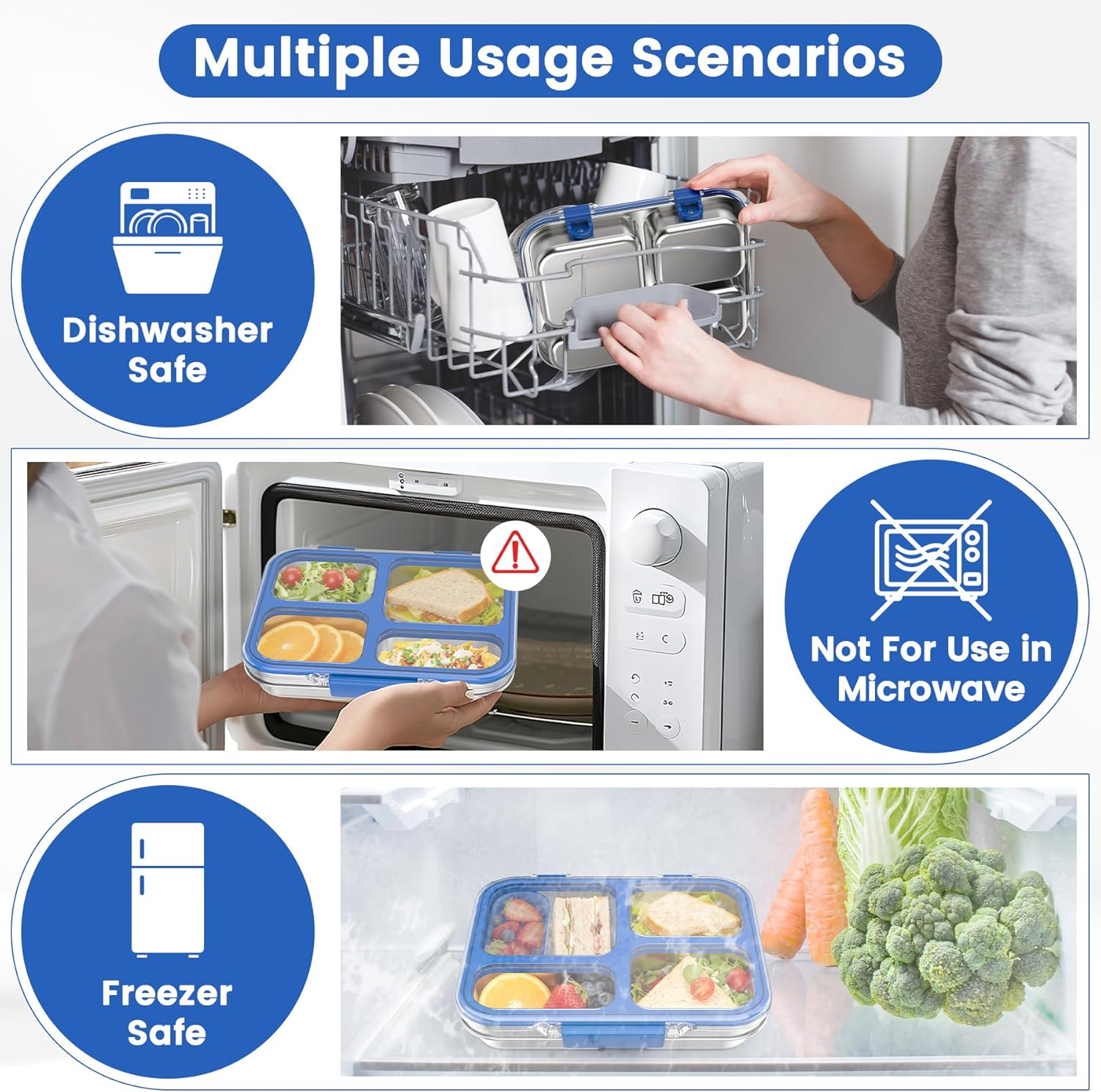 Stainless Steel Bento Box for Kids Adults with Silicone Container, Leak Proof 4 Compartments Metal Lunch Box, Removable Silicone Seal & Clear Lid Food Container for School Office, BPA-Free(Blue)