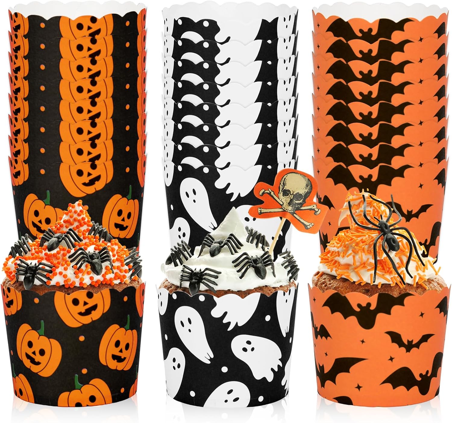 JarThenaAMCS 120Pcs Halloween Paper Baking Cups Pumpkin Ghost Bat Cupcake Wrappers Orange Black White Scalloped Edge Cupcake Muffin Cases for Halloween Dessert Decoration