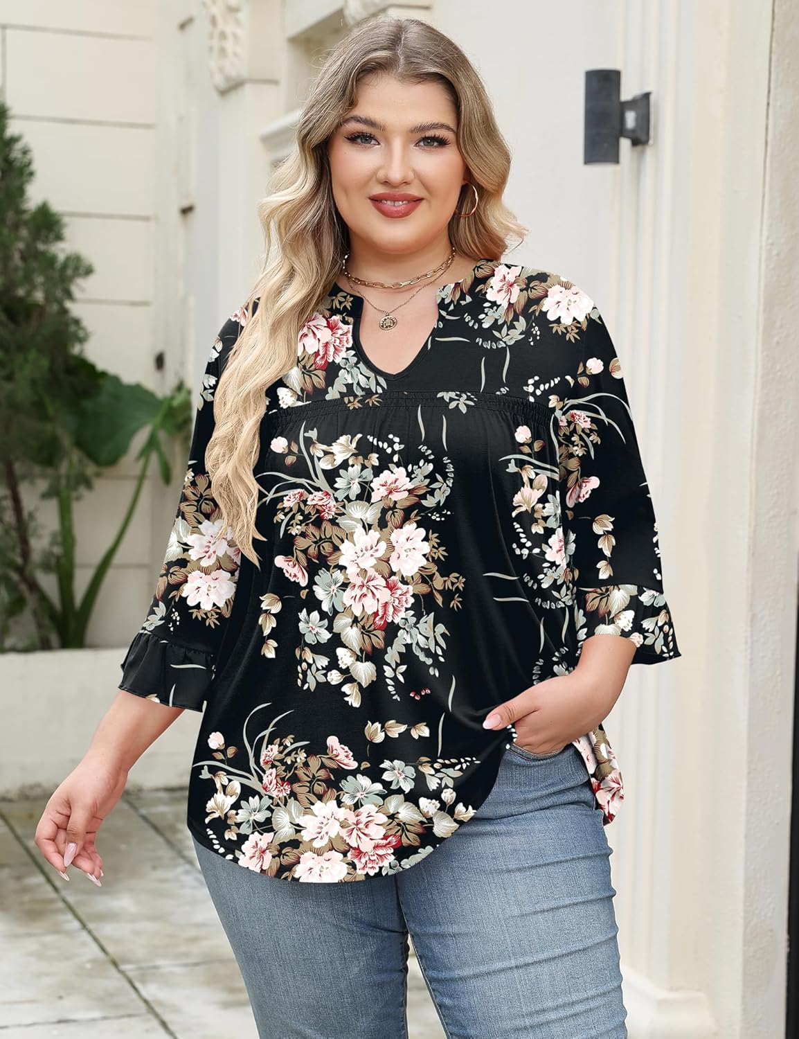 TFSDOD Plus Size Tops for Women V Neck 3/4 Sleeve Pleated Blouses Dressy Casual Fashion Tunic Top (1X-5X) - Image 2