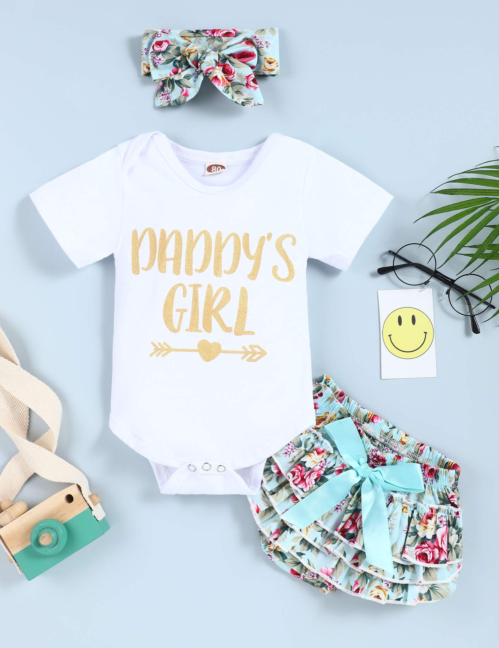 KISSB Newborn Baby Girl Clothes Outfits Little Girl Daddy's Princess Romper Bodysuit Floral Shorts 3PCs Infant Clothing Set (0-3M/size70) White+green