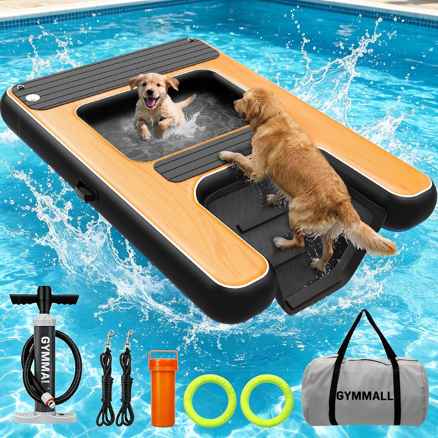 Large Dog Dock Ramp with Water Hammock 5.6 * 4ft, Inflatable Dog Water Ramp Platform 6 inch Thickened for Boat Pool Lake Sea, PVC Floating Boat Ramp for Dogs up to 330lbs, Dog Boat Ramp Black