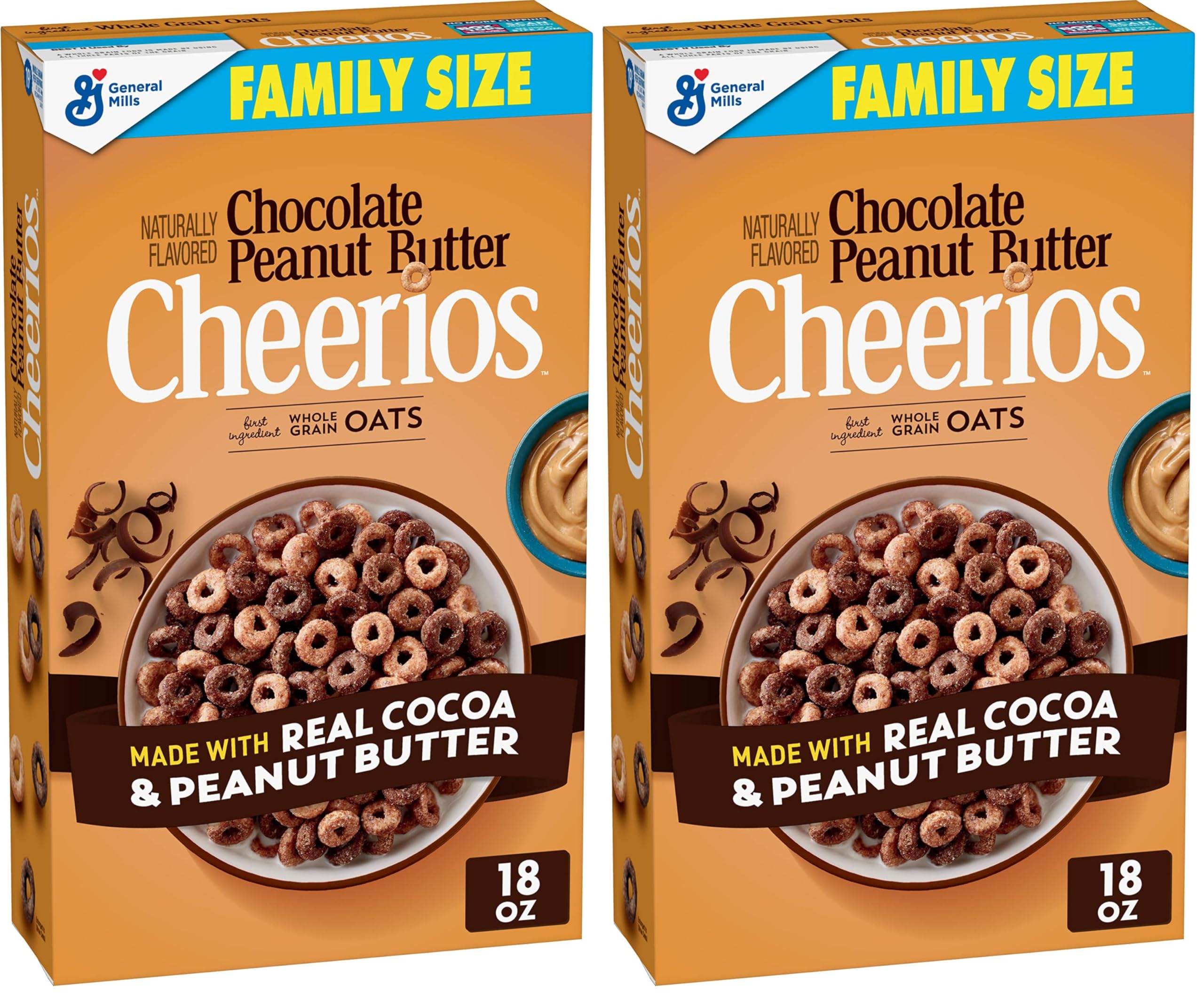 Cheerios Chocolate Peanut Butter Cheerios Cereal, Breakfast Cereal With Whole Grain Oats, 18 OZ Family Size (Pack of 2)