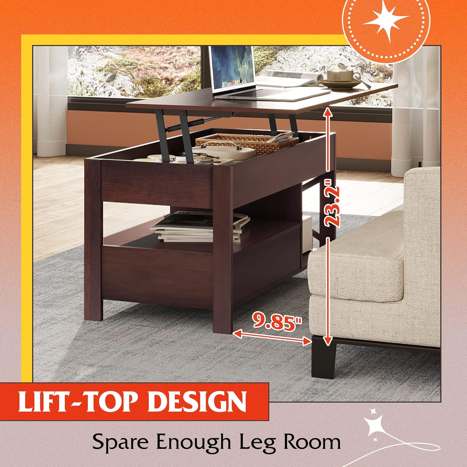 WLIVE Lift Top Coffee Table, 39" Coffee Table with Storage Drawers, Hidden Compartment, Wooden Lift Tabletop Center Table for Living Room, Home, Rustic Oak