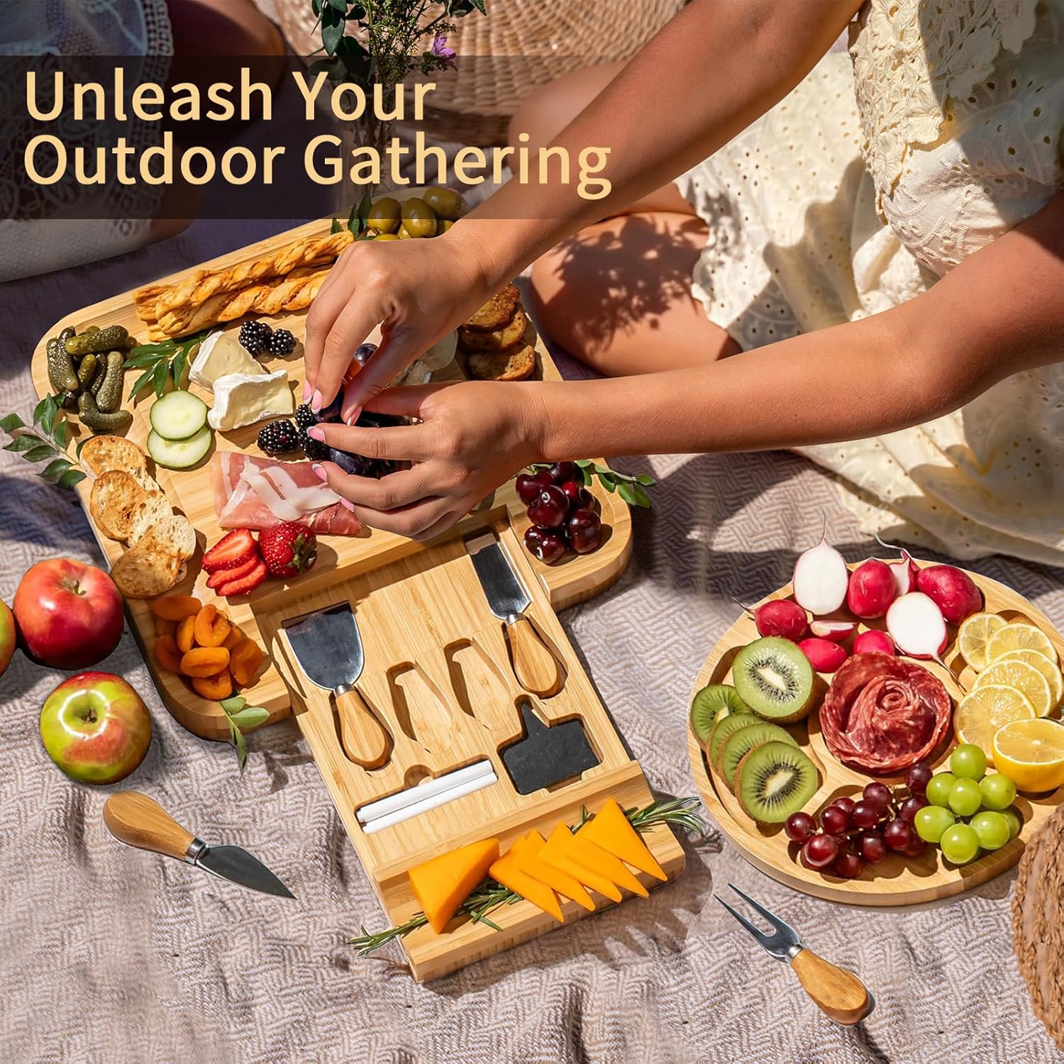 YZS Bamboo Charcuterie Boards Set -Unique Cheese Board with Accessories - Perfect for Housewarming, Weddings, Bridal Showers, Birthday Gifts, Mother's Day Gift, Parties, Eco-Friendly & Elegant Design - Image 6