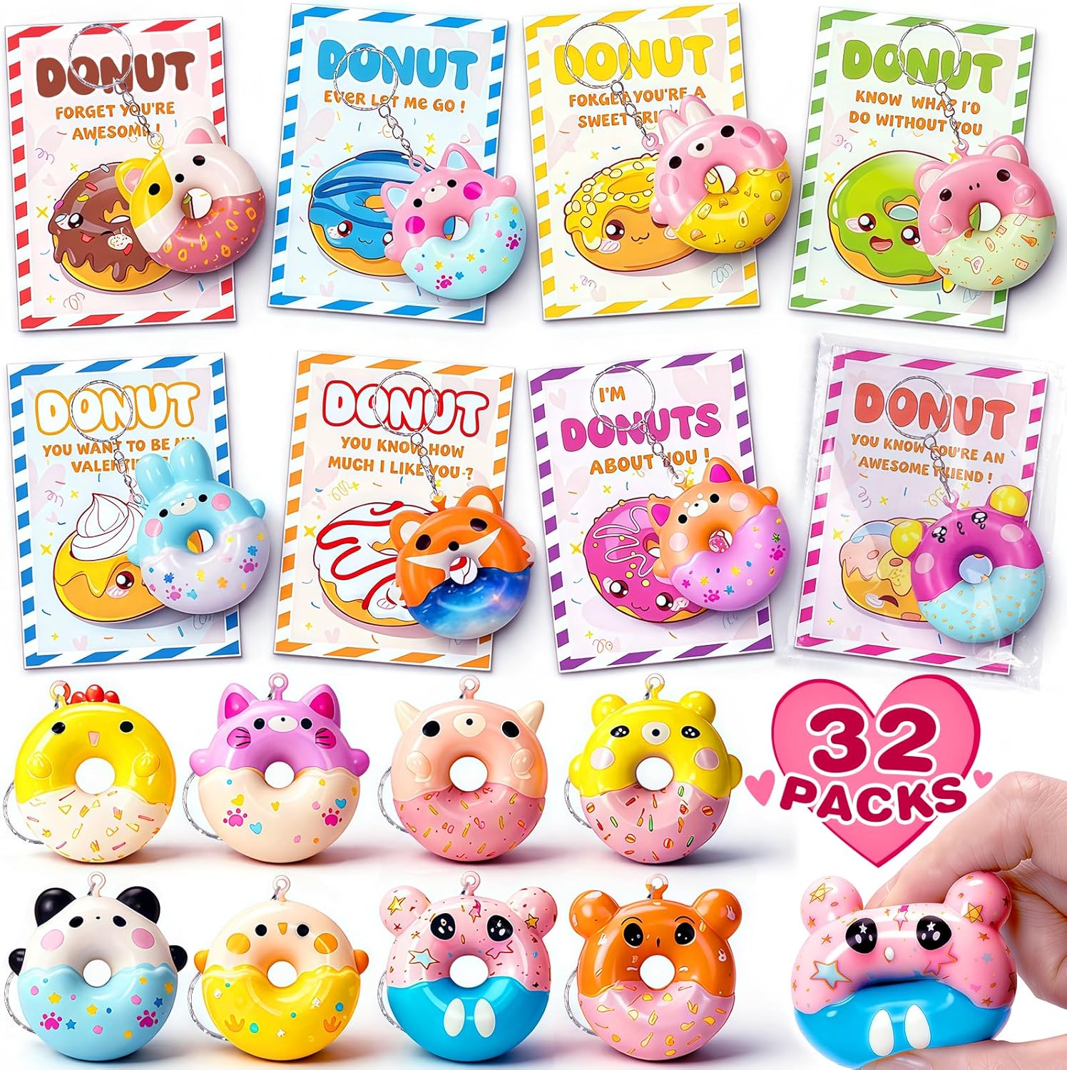 Valentines Day Gifts for Kids, 32 Pack Kids Valentines Day Cards with Donut Stress Keychains, Dessert Squishy Toys for School Classroom Prizes Exchange, Valentines Party Favors for Boys Girls