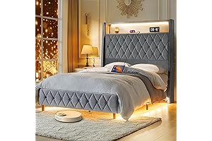 EcoHarbor Queen Bed Frame with LED Tall Headboard and Charging Station