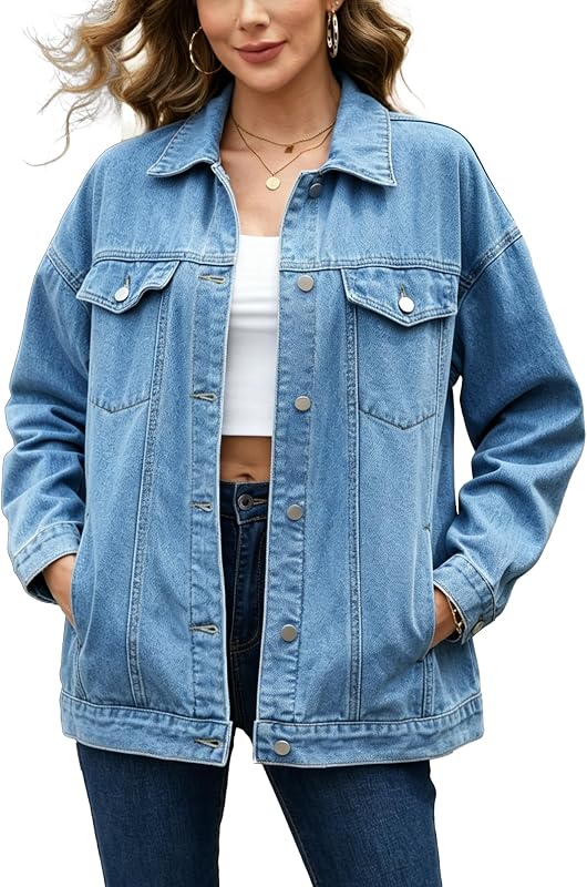 Women’s Oversized Jeans Jacket Classic Button Down Denim Jacket for Women Loose Fit Boyfriend Biker Coat