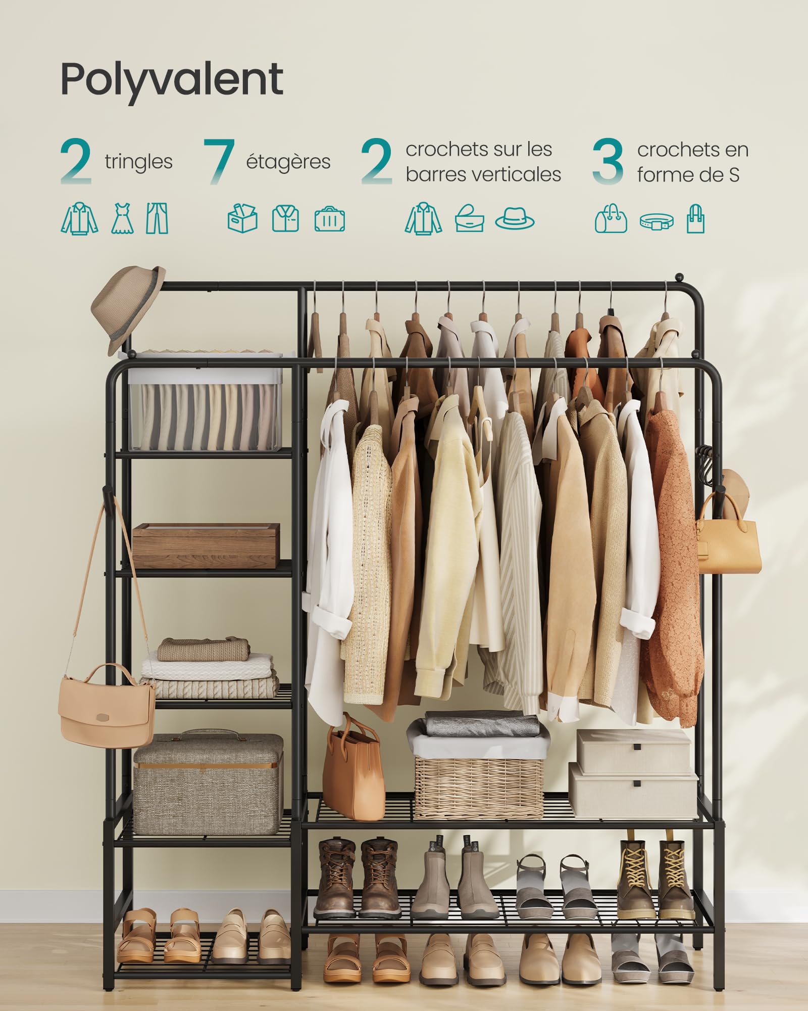 SONGMICS Portant à Vêtements, Armoire Penderie Ouverte, Porte-manteau avec 7 Étagères, Cadre en Métal, Tringles, pour Chambre, Salon, Entrée, Noir HSR182B01