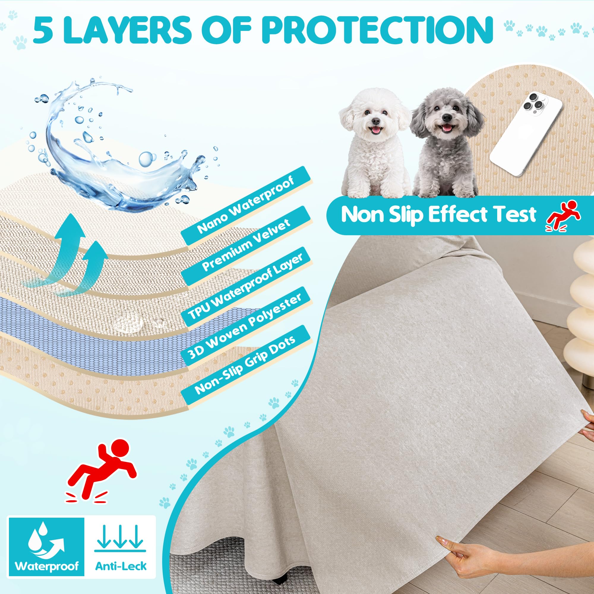 Loiion 100% Sofabezug Wasserdicht, Sofaüberwurf rutschfest Schutz Hund, Urin Schutz Sofa​ für Katzen​ Hunde Haustier, Couch Überzug Wasserdicht 2 Sitzer, Hellbraun, 300x180 cm
