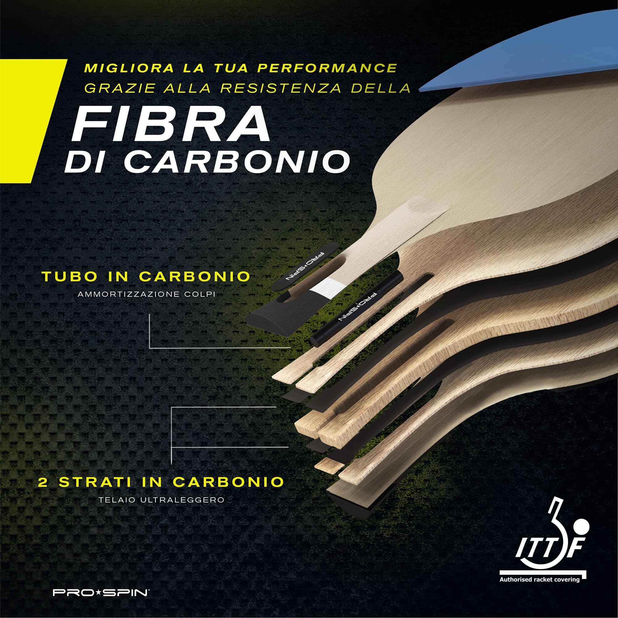 PRO-SPIN Racchetta da Ping Pong – Omologata ITTF in Fibra di Carbonio | Serie Elite a 7 Strati, Gomma Premium, Spugna da 2 mm e Custodia Protettiva