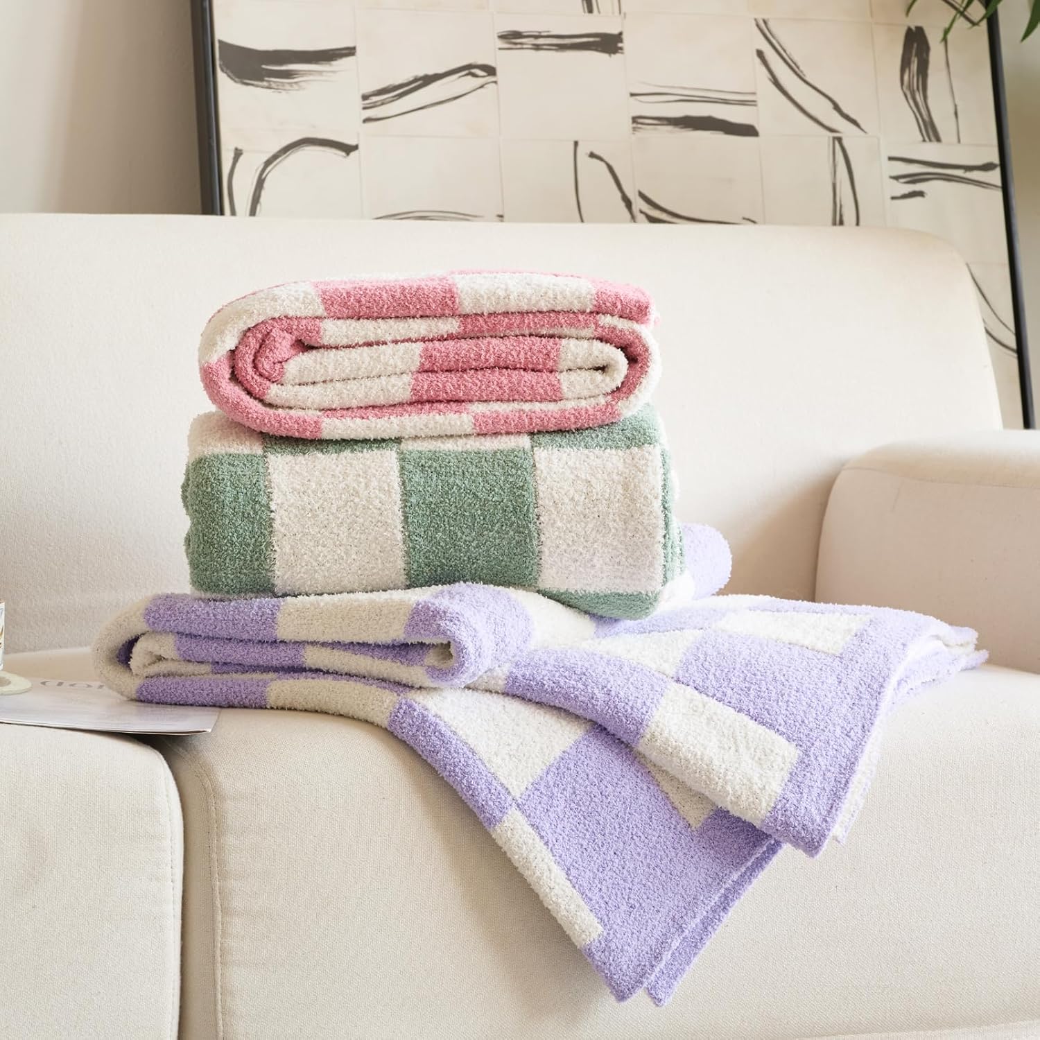 Checkered Blanket, Cozy Soft Throw Blankets for Couch Bed, Fluffy Plaid Lightweight Comfy Travel Picnic Blanket Gifts for Sofa Chair Living Room Camping (Checkered Pink, Throw 50"x60") - Image 7