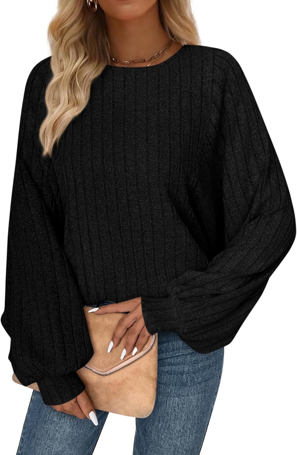 Semilar PRETTYGARDEN Womens Batwing Long Sleeve Shirts Fall Fashion Crewneck Tunic Tops Dressy Casual Loose Fit Lightweight Sweaters Black X-Large