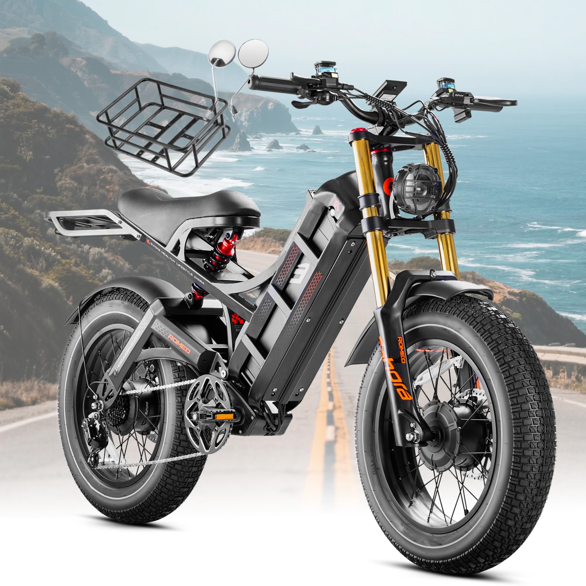 eAhora Romeo Pro 3/2 [2025] 46-50 Mph Electric Bike for Adults, Peak 5600W Dual Motor Ebike, 60V 80Ah 250 Miles Long Range E Bike, 26”*4.0 Fat Tire Air Full Suspension Off-Road E-Bike