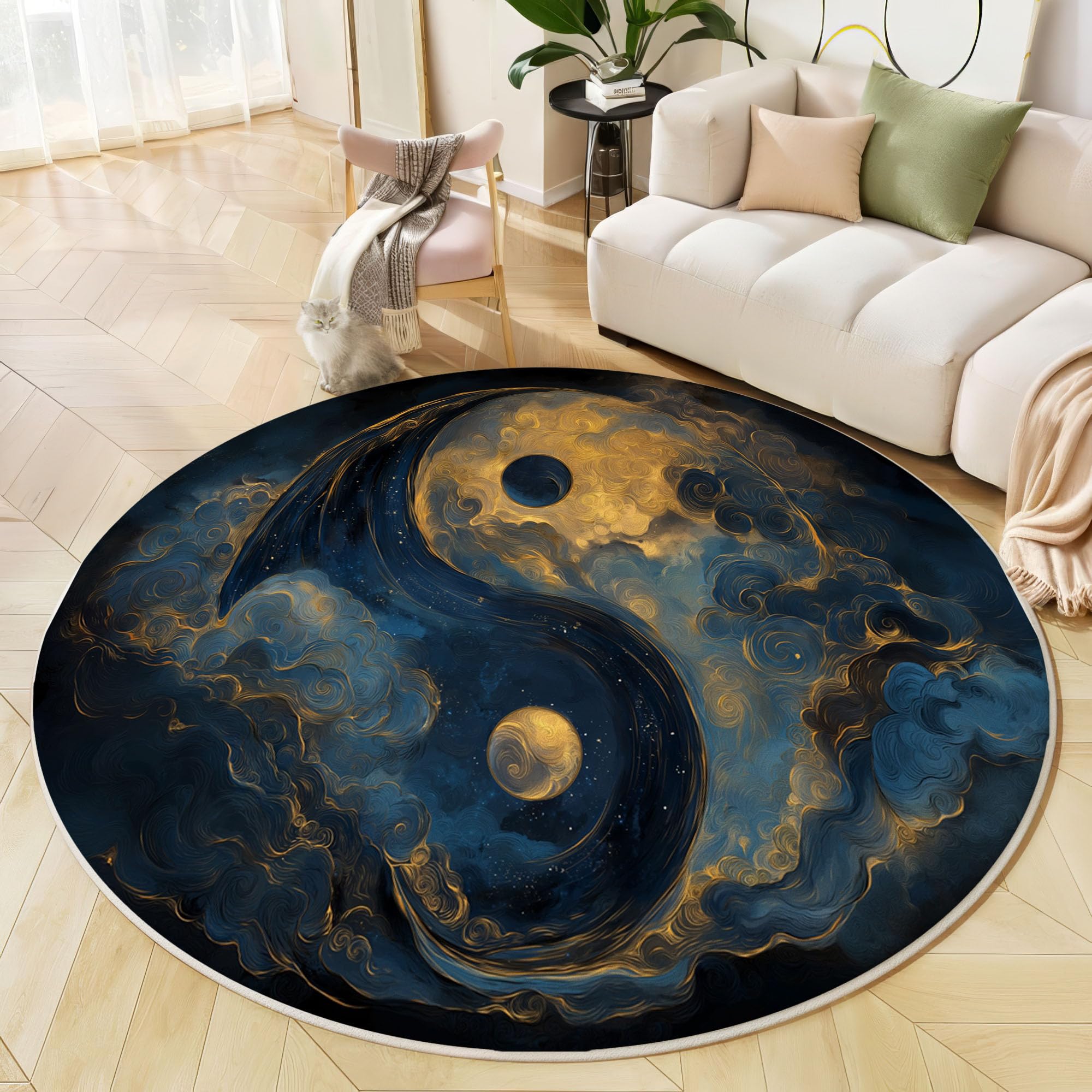 Tapis rond chambre enfant antidérapant et lavable motif fantastique bleu marine