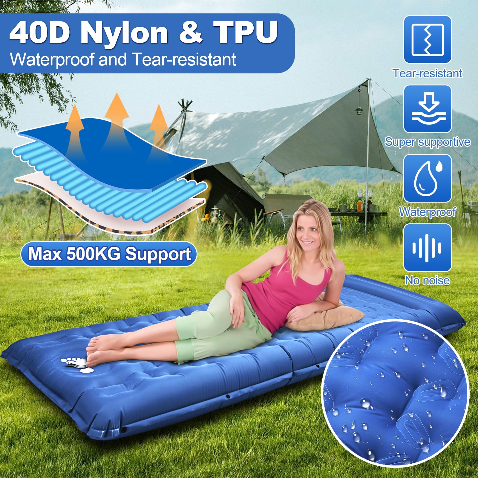 Materasso Gonfiabile Singolo Campeggio, Materassino Gonfiante Ultraleggero, Letto Gonfiabile Singolo per Campeggio, Trekking, Alpinismo, Viaggio, Backpacker-Blu