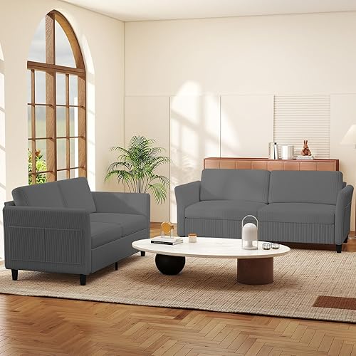 Miniatura 8 de Sofá biplaza de pana, sofás modernos y cómodos con bolsillo lateral, sofá de nube para sala de estar, dormitorio y espacios pequeños, color beige