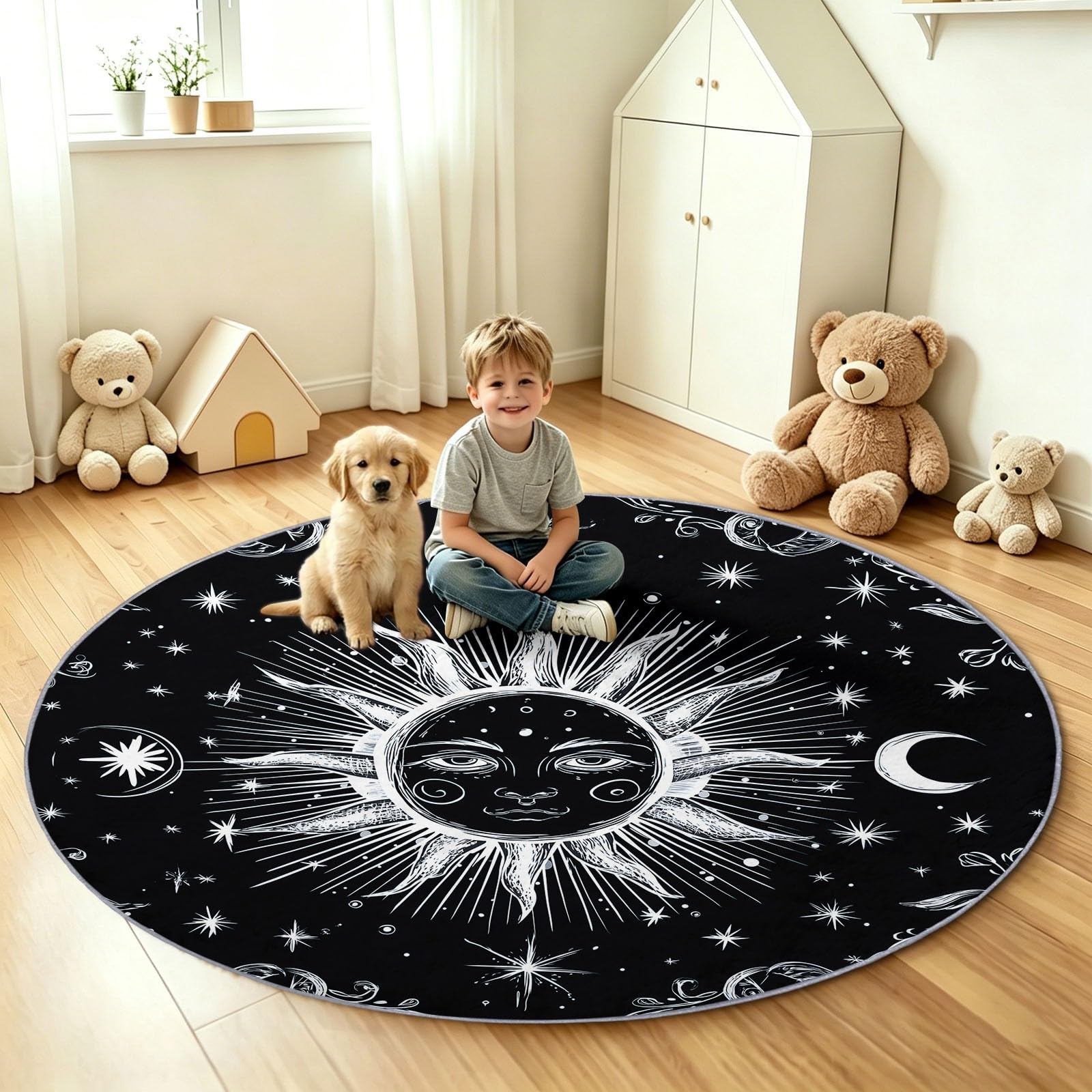 Générique Tapis Rond pour Garçons Filles Boho Céleste Étoiles Lune, 200 cm Tapis de Sol Doux Décoration Antidérapant pour Salon Chambre Cuisine Balcon Terrasse Salle à Manger Intérieur Extérieur