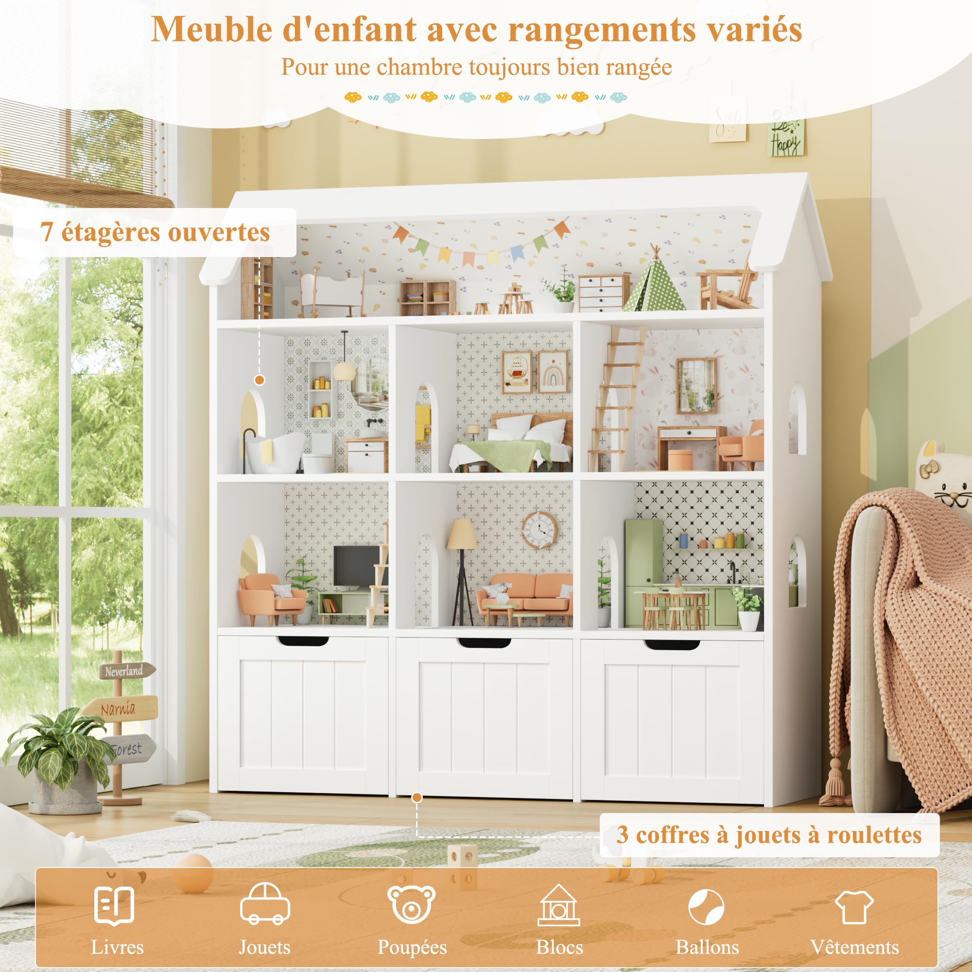 FOREHILL Meuble Rangement Enfant, Maison de Poupée, Bibliothèque Enfant avec 7 Étagères 3 Tiroirs Roulants, Rangement Jouet Chambre Enfant, 120x30x117.5cm, Blanc