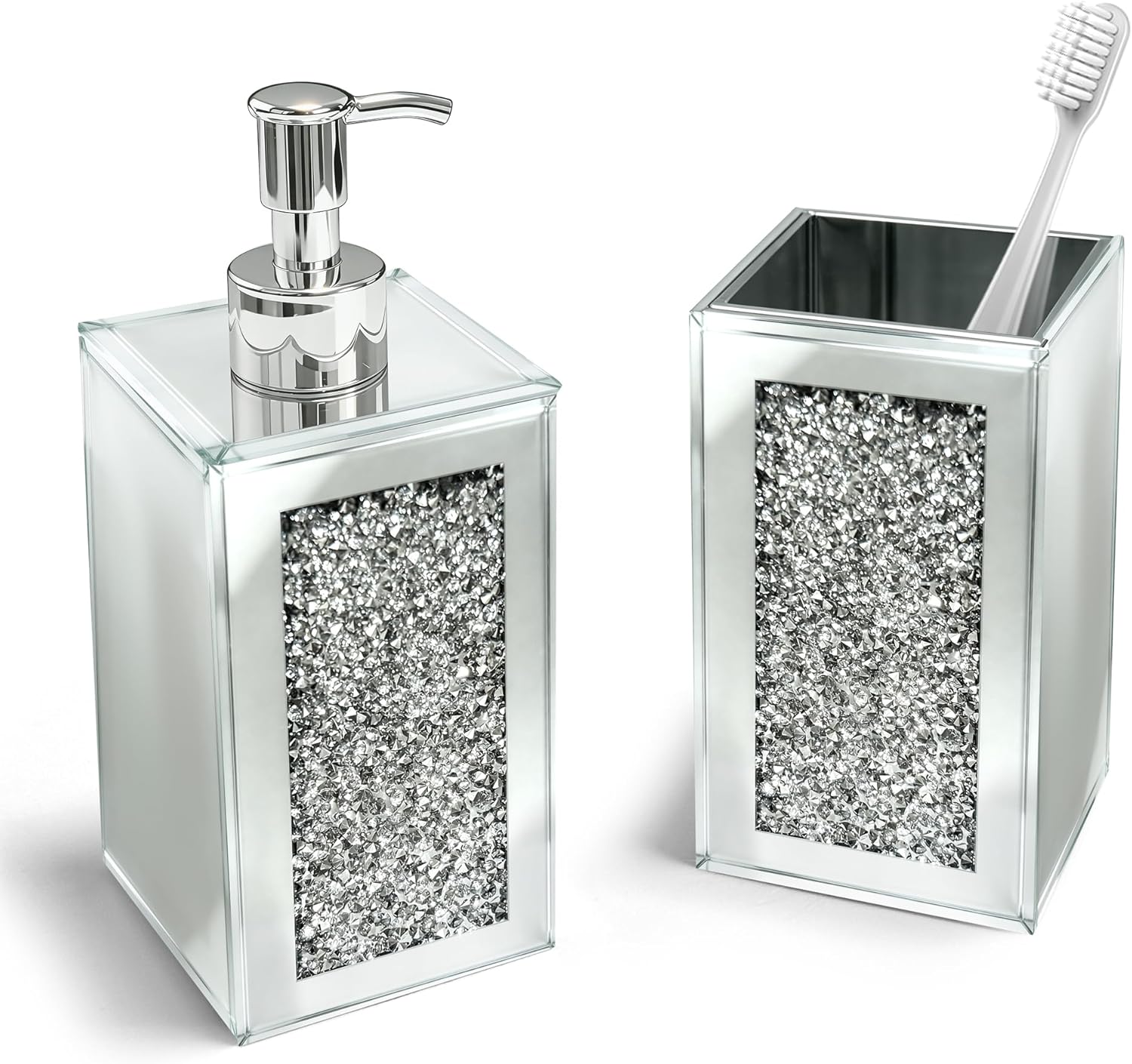 Bathroom Accessories Set, Square 2 Pack Silver Glass Soap Dispenser & Toothbrush Holder with Mirror Finish & Sparkling Diamond Accents, Modern Bathroom Countertop Decor