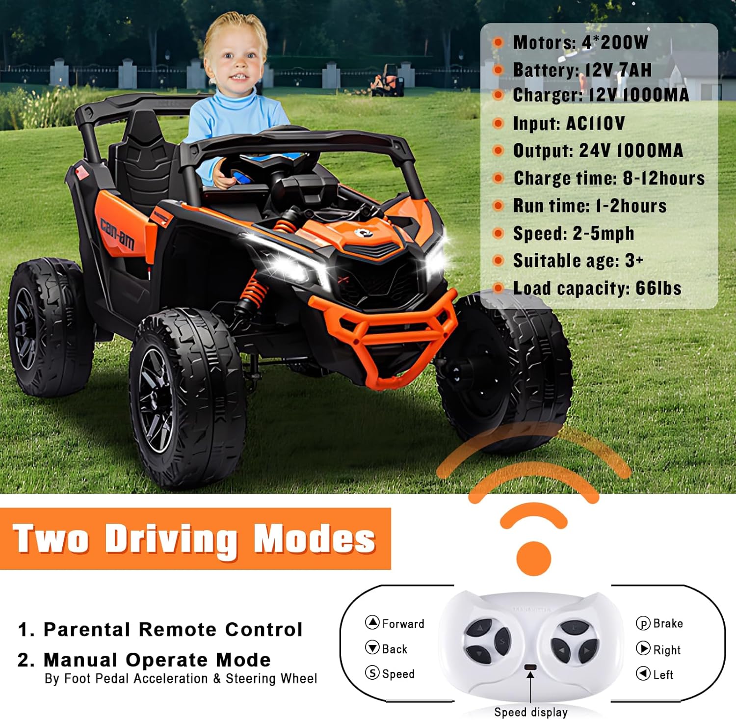 SOAR 24V Ride On Toys - UTV for Kids, 2 Seats Remote Control, 4 Wheeler Quad Off-Road, 7AH Battery Powered 2WD/4WD, Licensed Can-Am, Parental Mode, Orange
