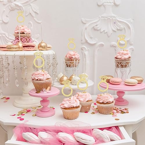 Miniatura 6 de 24 piezas de anillos de diamantes con purpurina dorada para decoración de cupcakes, decoración de pasteles de boda para despedidas de soltera,