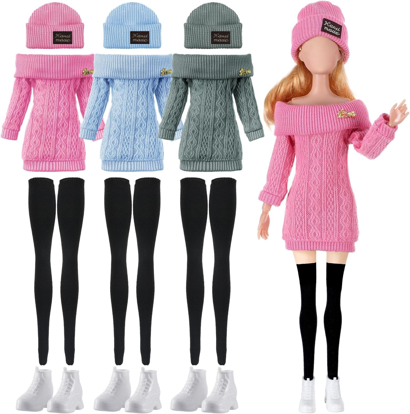 Geyoga 12 Pcs Doll Clothes and Accessories for 12 Inch Summer Dolls Sweater Pants Shoes Hat Outfits Doll is Not Included(Sage Green, Light Blue, Rose Red,12 Inch)