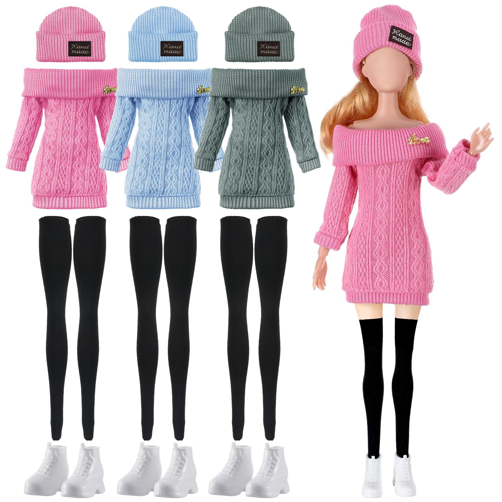 Geyoga3 Set 12 Pcs Winter Christmas Doll Clothes and Accessories 12 Inch Doll Suit Doll Pants Shoes Sweater Outfits, Dolls are Not Included (Sage Green, Light Blue, Rose Red)