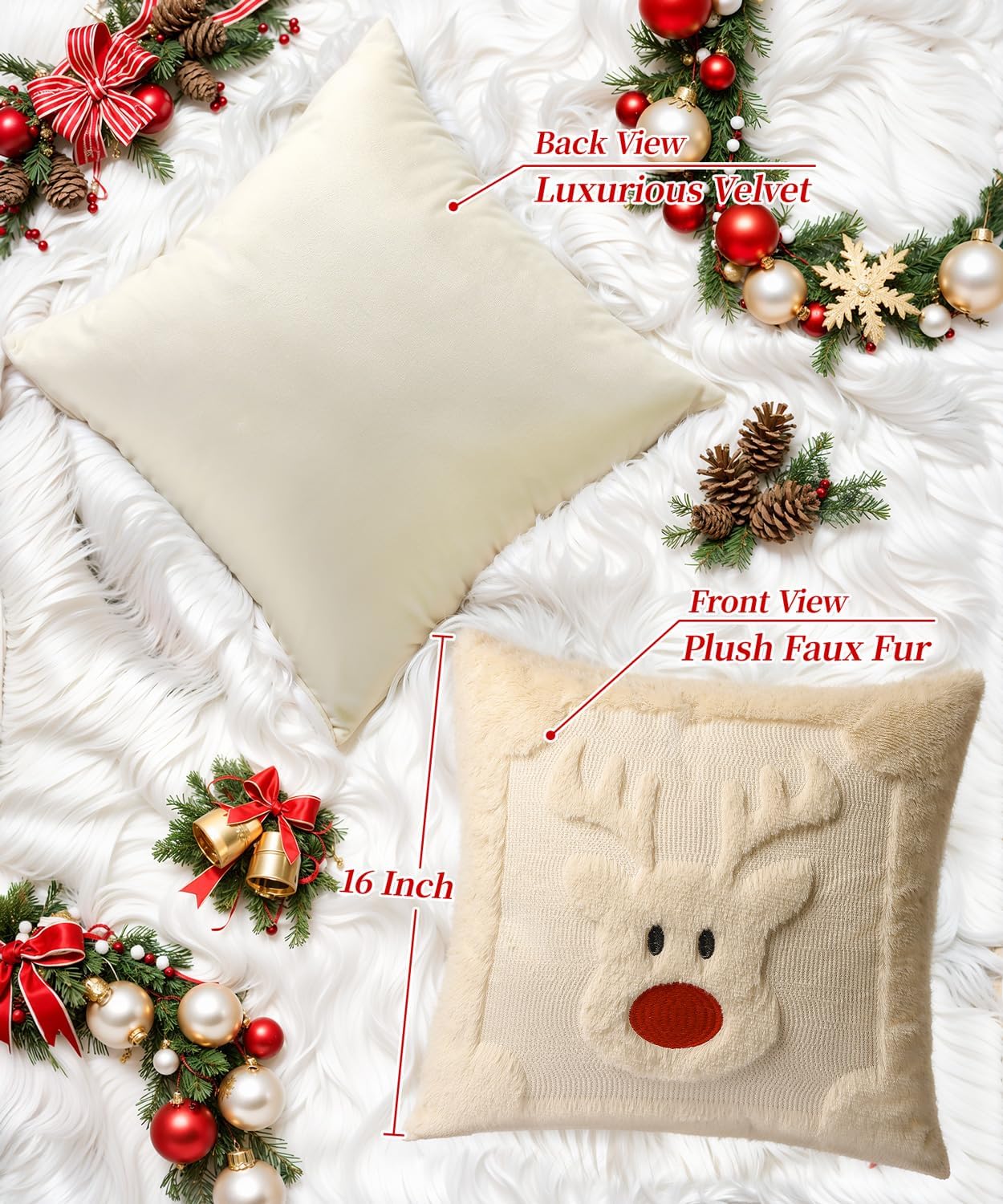 Christmas Pillow Covers Set of 2 Soft Plush Faux Fur Pillow Cases 3D Embroidered Decorative Couch Cover Home Decor Christmas Throw Pillow Covers 16x16,Beige Reindeer