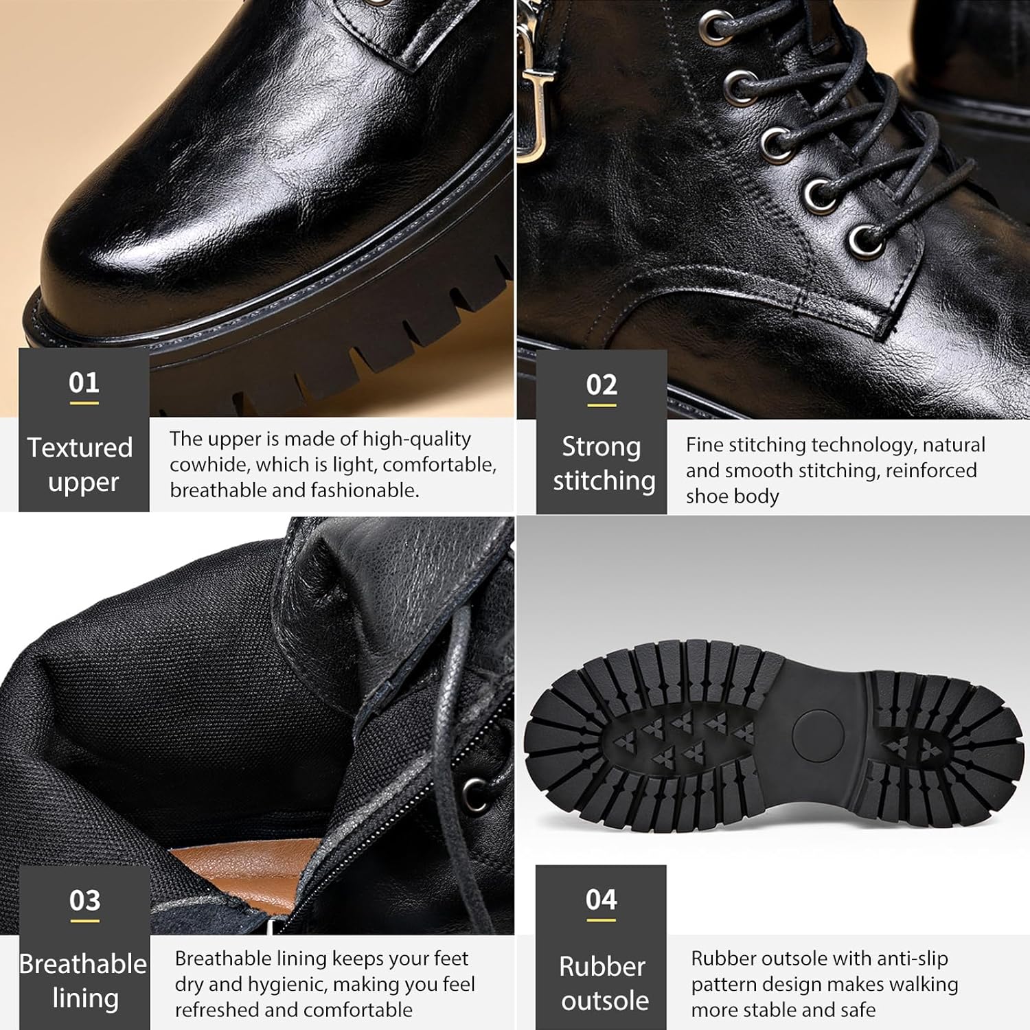 Men'S Genuine Leather Platform Combat Boots Fashion Lace Up Side Zipper Lug Sole Non-Slip High Top Motorcycle Boots Comfort Outdoor Waterproof Soft Sole Work Ankle Booties - Image 4