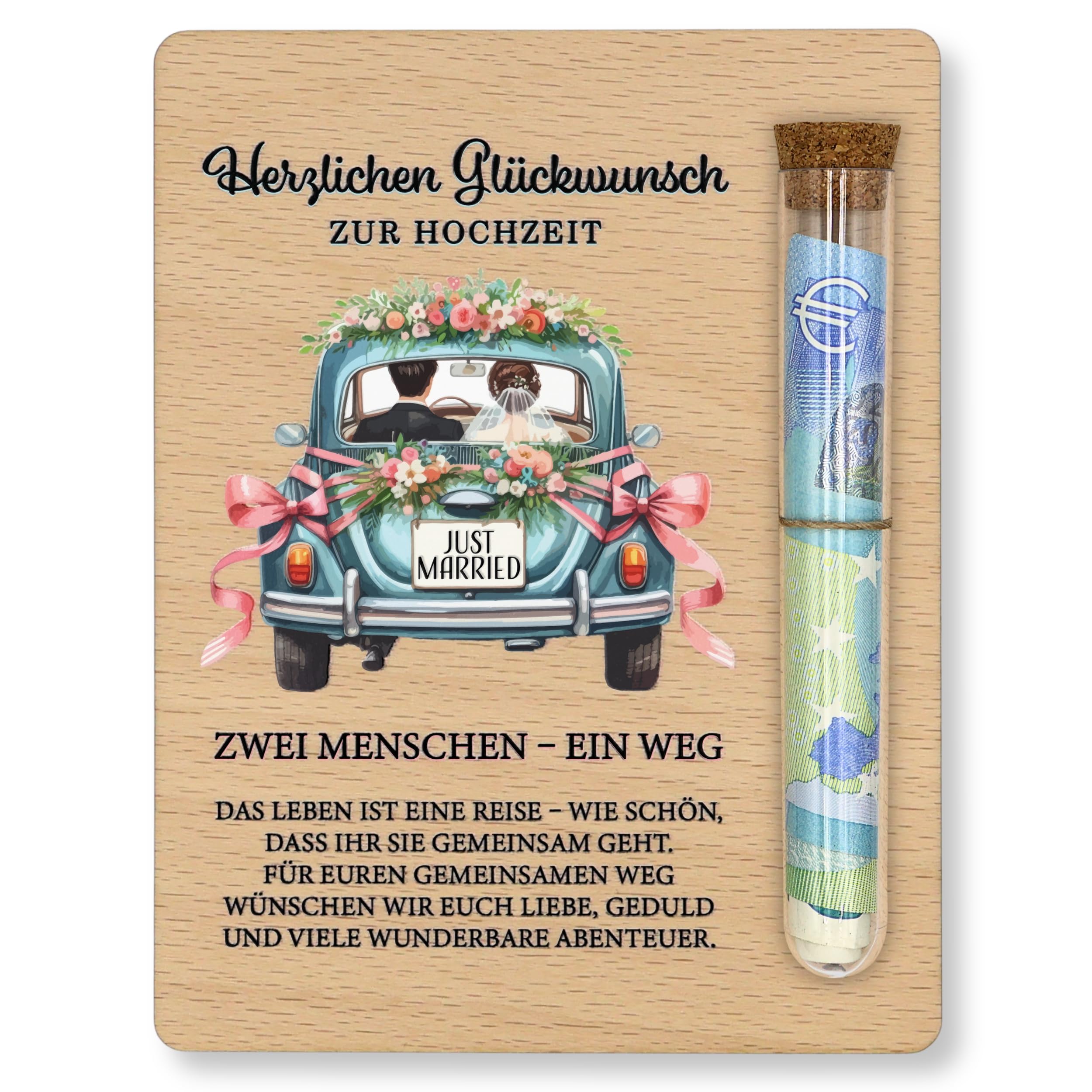 ZUKLA Verpackung für Geldgeschenke zur Hochzeit - 13 x 10 cm - mit Reagenzglas - Hochzeitskarte Geldgeschenk Verpackung Holz - Hochzeitsgeschenk für das Brautpaar