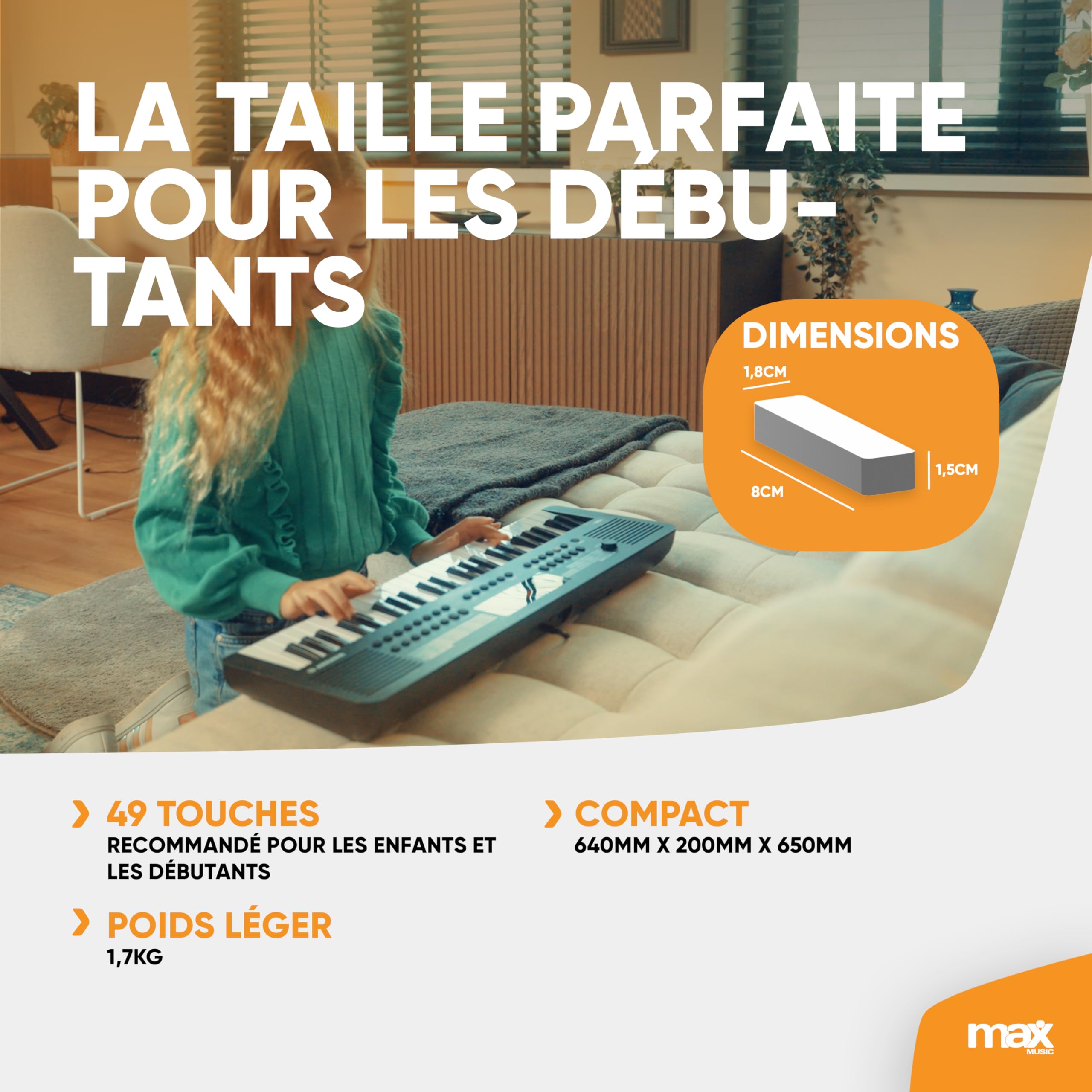 Max Rhapsody49 Clavier Électronique 49 Touches, Synthétiseur Enfant, Alimentation USB-C, Différents Modes d'Apprentissage, Deux Haut-parleurs intégrés, Idéal pour Démarrer votre Apprentissage