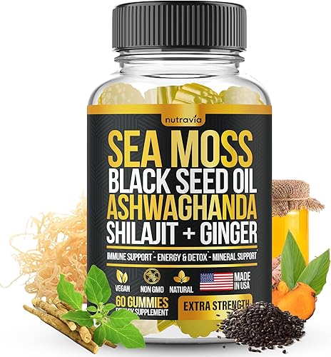 Gomitas de musgo marino, aceite de semilla negra, Ashwagandha, jengibre, shilajit con saúco, clorofila, cúrcuma, vejiga de musgo marino, fórmula