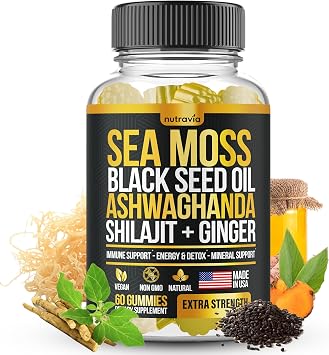 طحلب البحر، زيت البذور السوداء، أشواغاندا، الزنجبيل، شيلاجيت العلكة مع Elderberry، الكلوروفيل، الكركم Bladderwrack عصيات طحلب البحر صيغة القوة المتقدمة - الكل في 1 حزمة - الولايات المتحدة الأمريكية صنع 60 العلكة