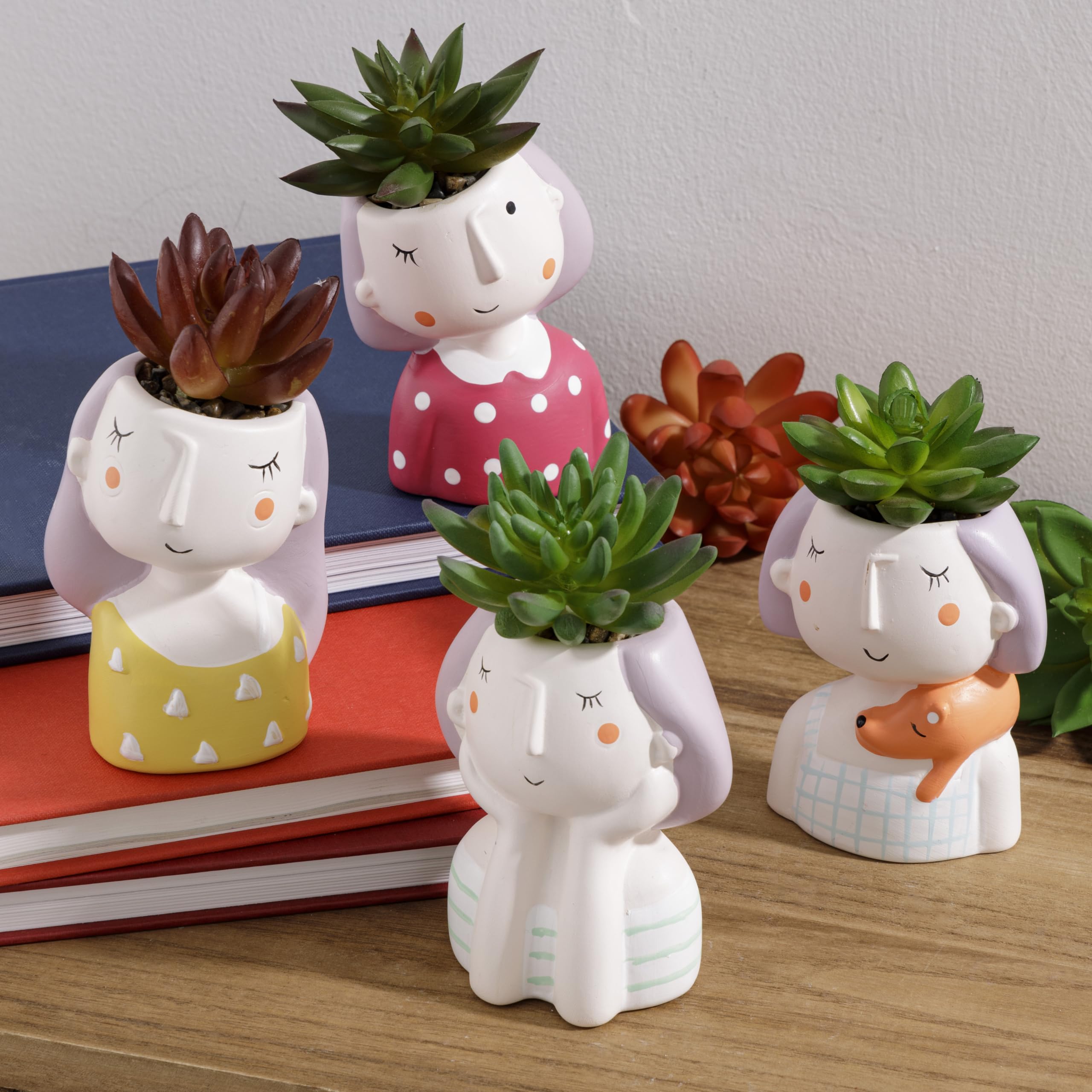 Baroni Vaso Testa Girl con pianta Artificiale. Set 4 sculture Colorate in Ceramica 8X7X14 cm