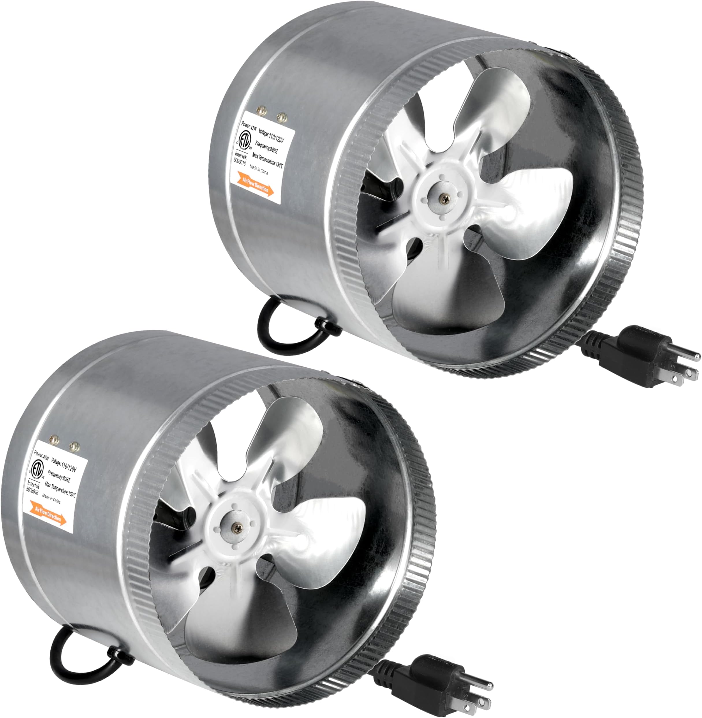 iPower 8 Inch 420 CFM Inline Fan with Low Noise, Exhaust for HVAC Ventilation in Grow Tent, Basements, Bathrooms and Kitchens, 2 Pack