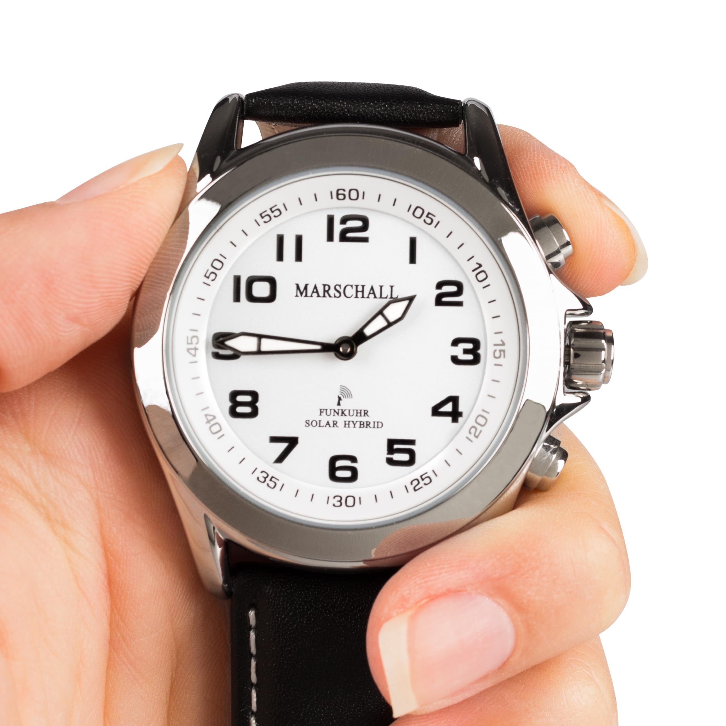 Marschall Deutsch sprechende Herren Funk-Armbanduhr I Mit Solarpanel I 1146wl I Für Blinde, Senioren und Demenzkranke I Datum- und Zeitansage I Schwarzes Lederarmband