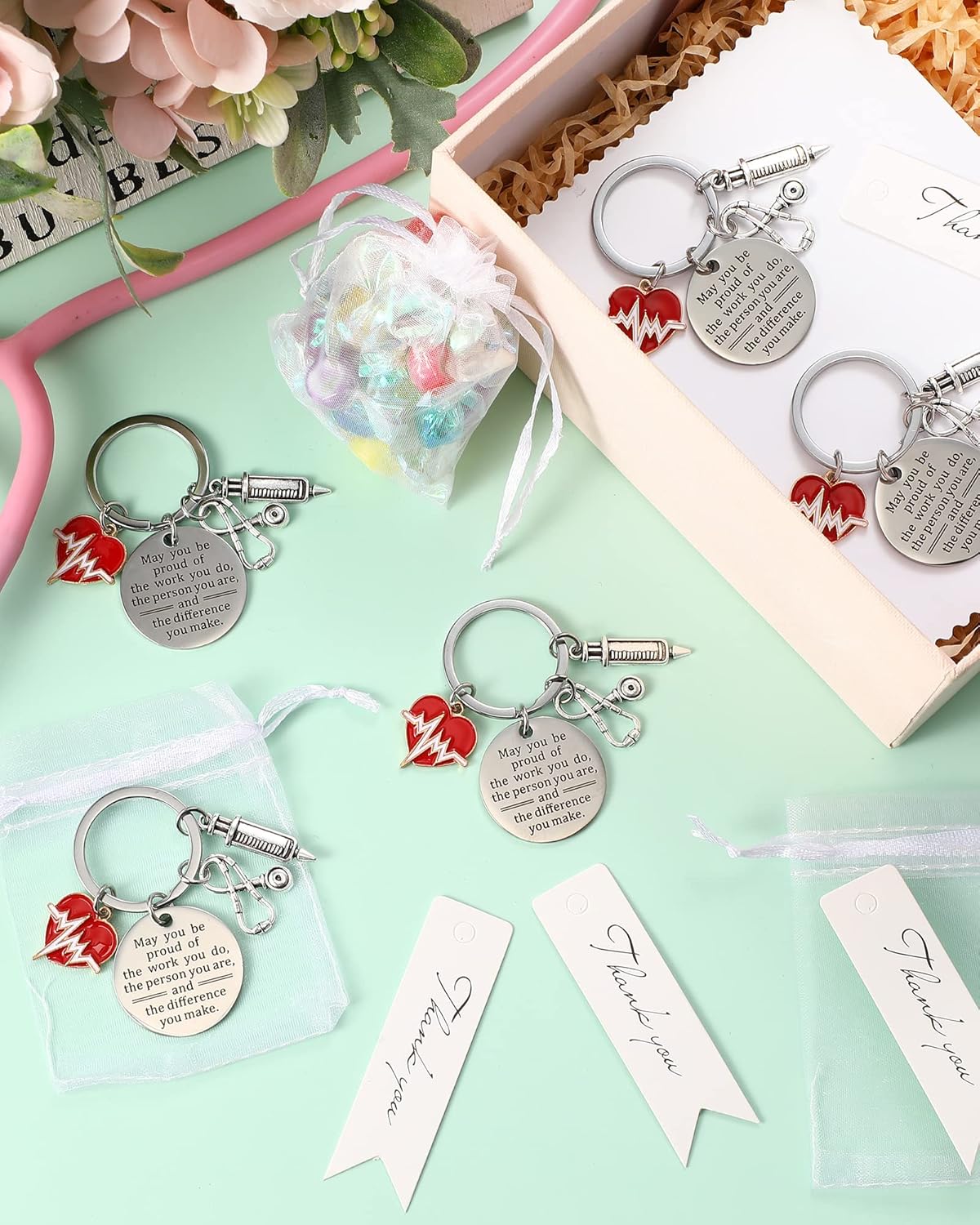 Sureio 72 Pcs Nurse Appreciation Gifts Include 24 Nurse Keychain 24 Organza Bag and 24 Tag Thank You Gifts for Nurse Day - Image 6