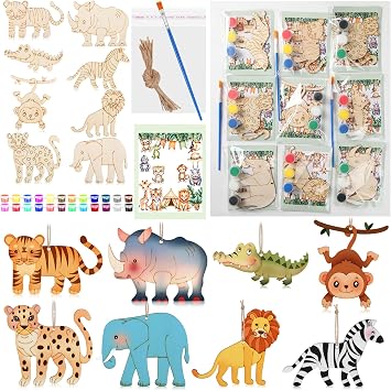 Colingmill 24 Set Safari Party Favors for Kids Jungle Animal Wooden Painting Craft Kits with Paints Brushes Cards and Bags DIY Wild Animal Goodie Bag Stuffers for Girls Boys Birthday Gifts Prizes