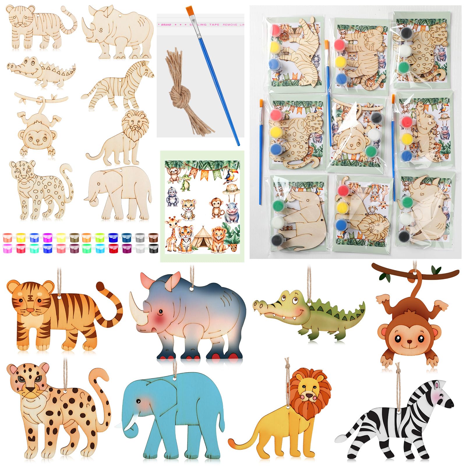 Colingmill 24 Set Safari Party Favors Jungle Craft Kits Supplies DIY Safari Jungle Wooden Painting Kit Wooden Coloring Crafts Wild Animals Birthday Goodie Bags Gifts Prizes