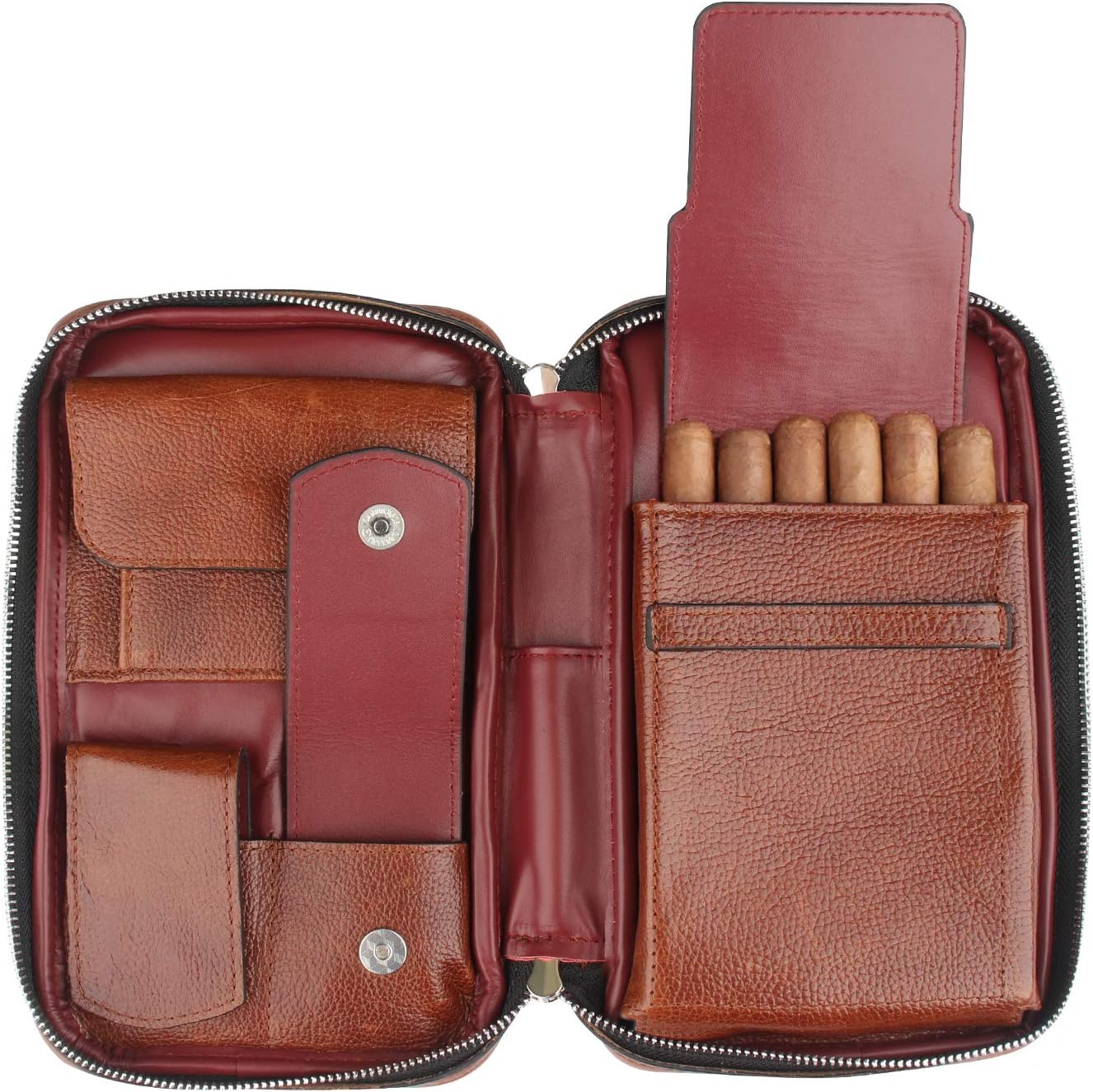 FIREDOG Caja de cigarros portátil de viaje de cuero genuino (capacidad para 5-6 puros, marrón y rojo)