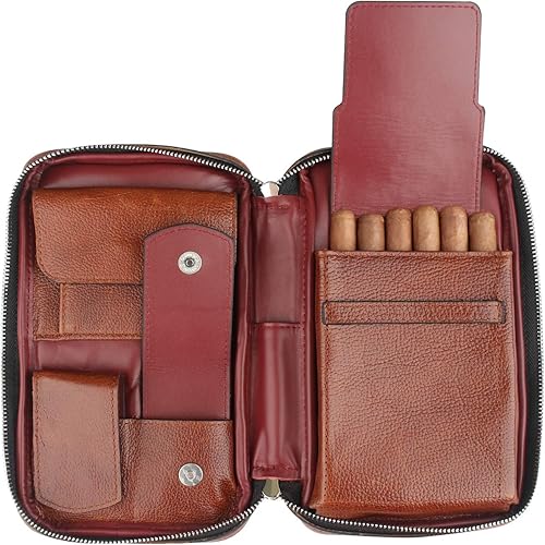 FIREDOG Caja de cigarros portátil de viaje de cuero genuino (capacidad para 5-6 puros, marrón y rojo)
