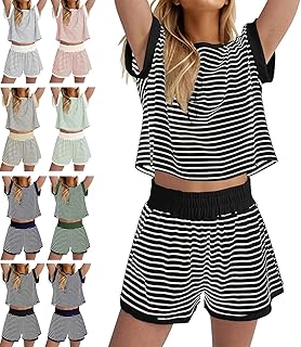 Lounge - Conjunto de 2 piezas para mujer, a rayas, bloque de color, casual, holgado, manga corta, pantalones cortos, conjuntos de descanso de verano