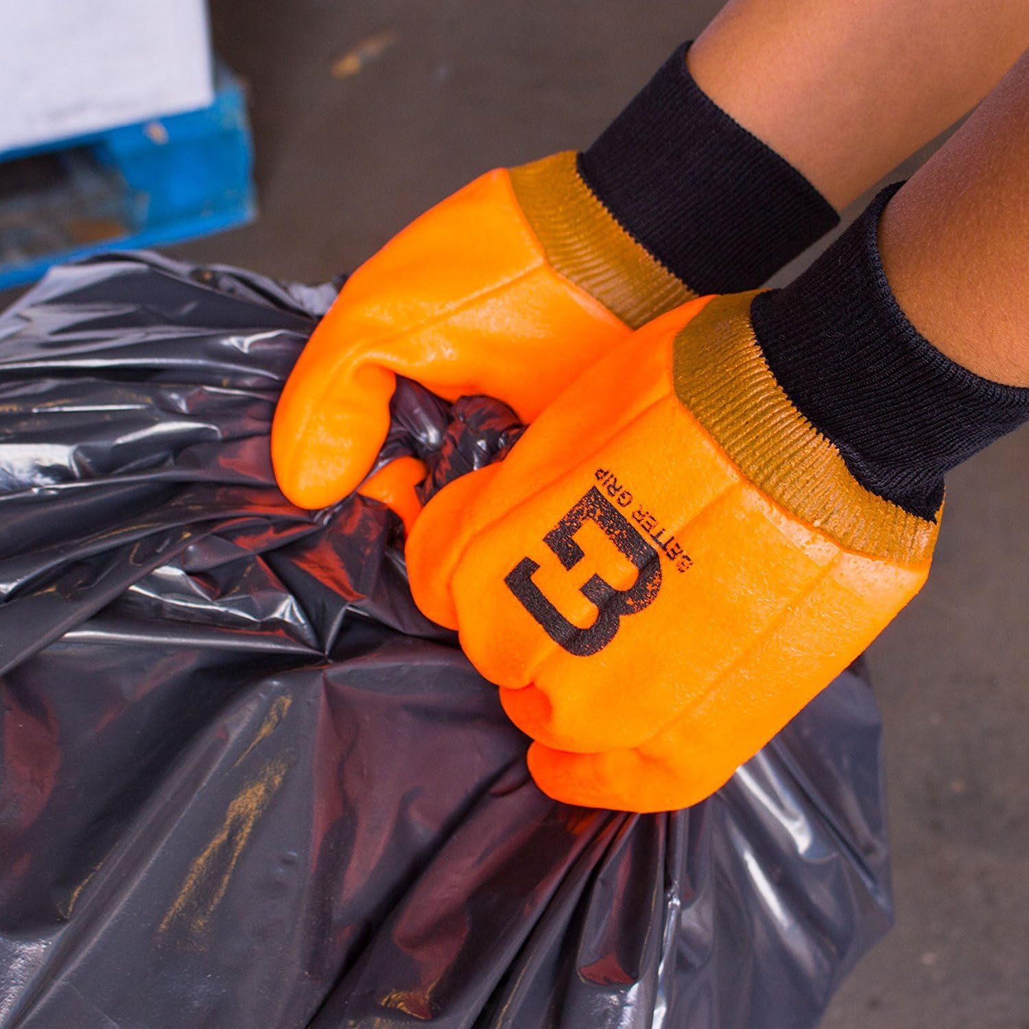 BG105ORGKW Heavy Duty Premium Sandy finished High Visibility PVC Coated Gloves with Knit Wrist, Chemical Resistant, One Size (3 Pairs)