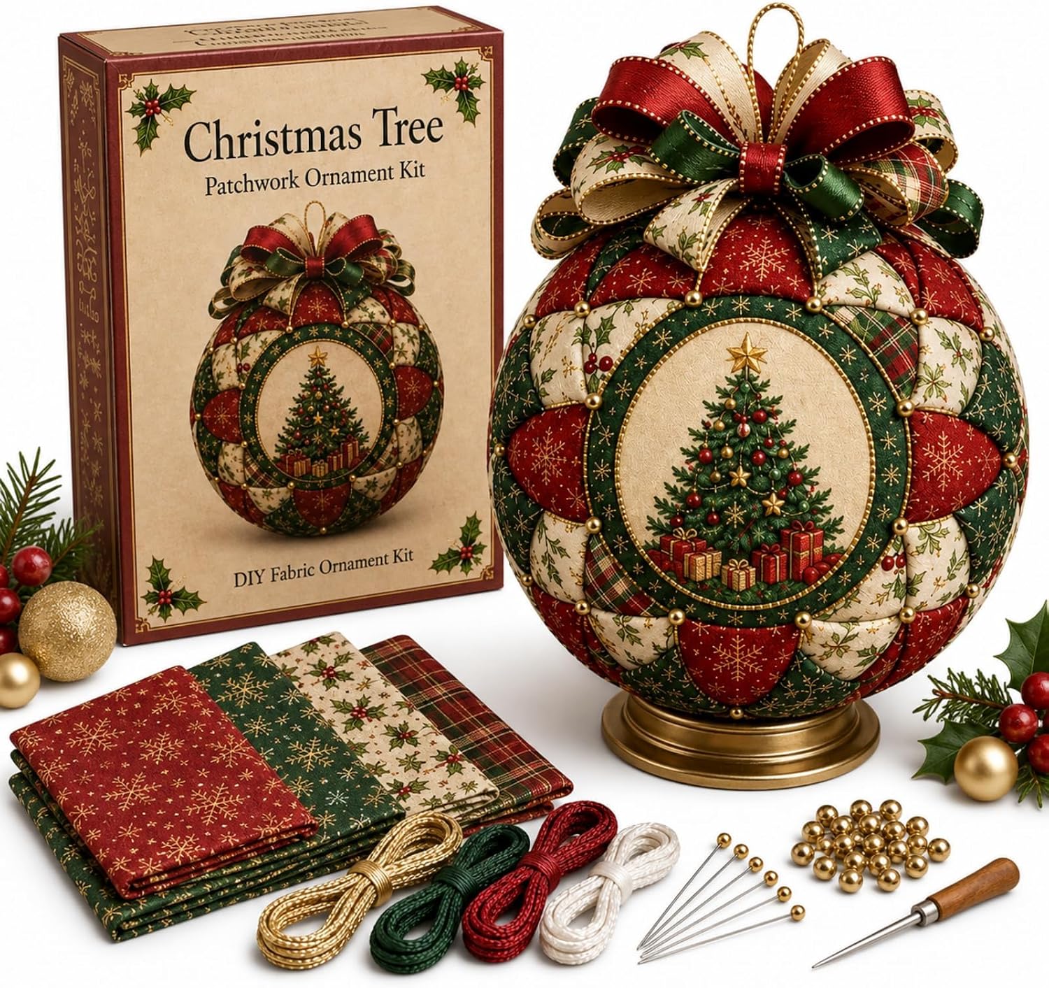 YUGHGH Christmas Classics Patchwork Ornament DIY Kit, Santa Claus Patchwork Ornament Kit with Fabric, Beads & Ribbon, DIY Fabric Ornament Kit for Holiday Home Decor