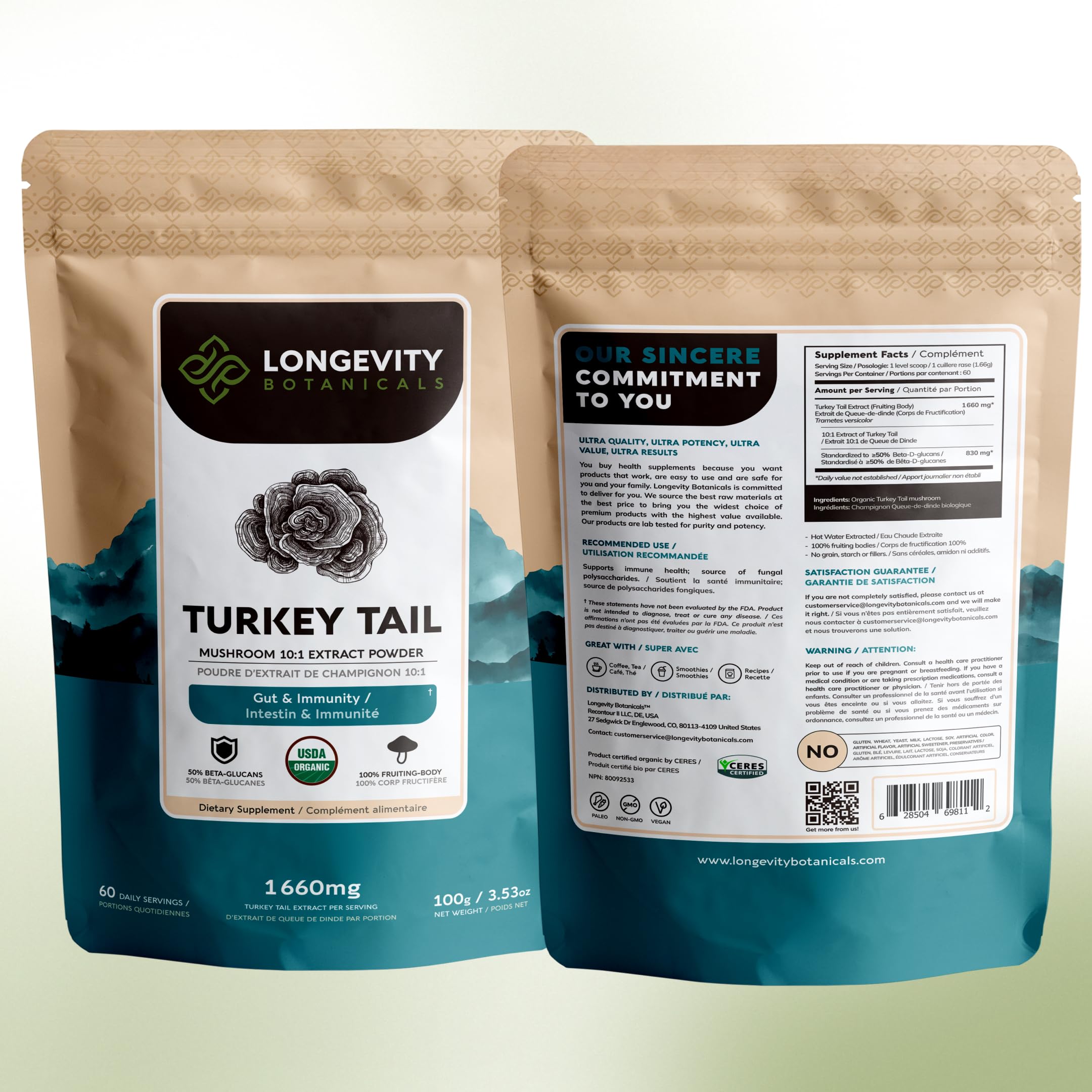 Organic Turkey Tail Mushroom Powder Supplement Extract 100g | Trametes Versicolor Fruiting Body | ≥50% Beta-D-Glucans | 60 Servings of 1,660mg | Supports Immune & Digestive Wellness — Amazon image 9
