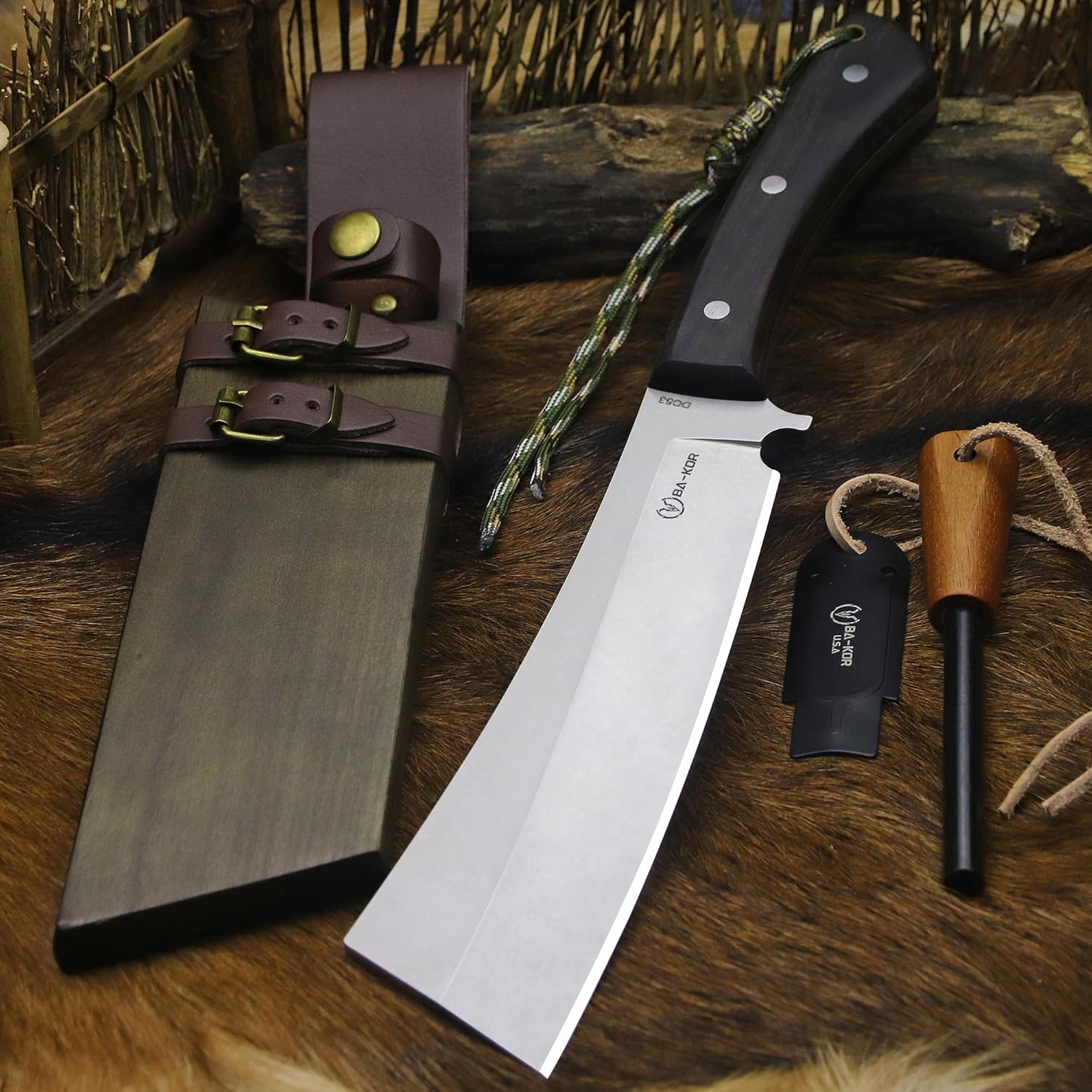 BA-KOR (Pioneer ) (14.6") DC53 steel 6mm thickened full Tang fixed knife+ Wooden sheath &(5.9IN) Cerium Igniter, suitable for outdoor hunting, cutting, chopping, camping, obstacle removal, exploration, fishing, EDC, BBQ (Sanding finish version)